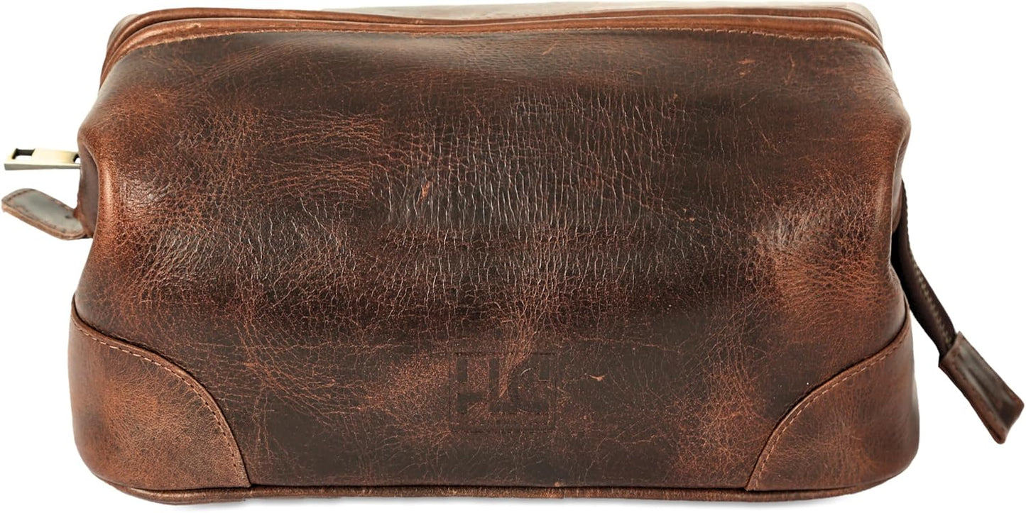 HLC Leather Toiletry Bag for Men Best Gift Premium Genuine Dopp Kit Shaving Kit Organizer Travel Kit Pouch Bag 10 inch Size (Brown)