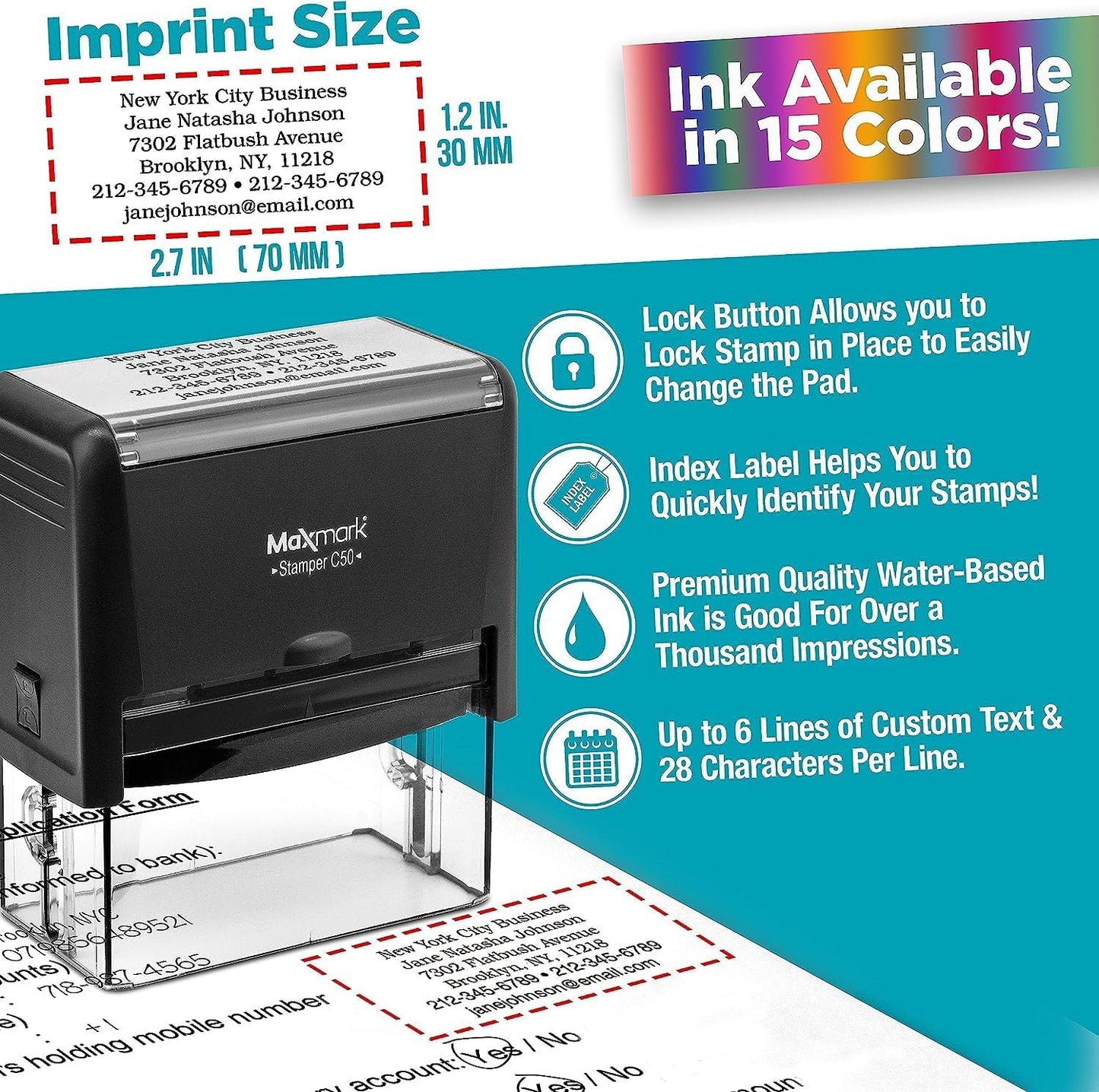 Custom Self Inking Rubber Stamp - Up to 6 Lines of Text - Choose from 15 Ink Colors - X-Large Size