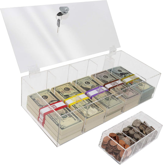 Clear Locking Currency Tray, 5 Compartment Cash Organizer Money Storage Box with Lockable Cover and Coin Tray Insert, 300 Currency Wrappers Included