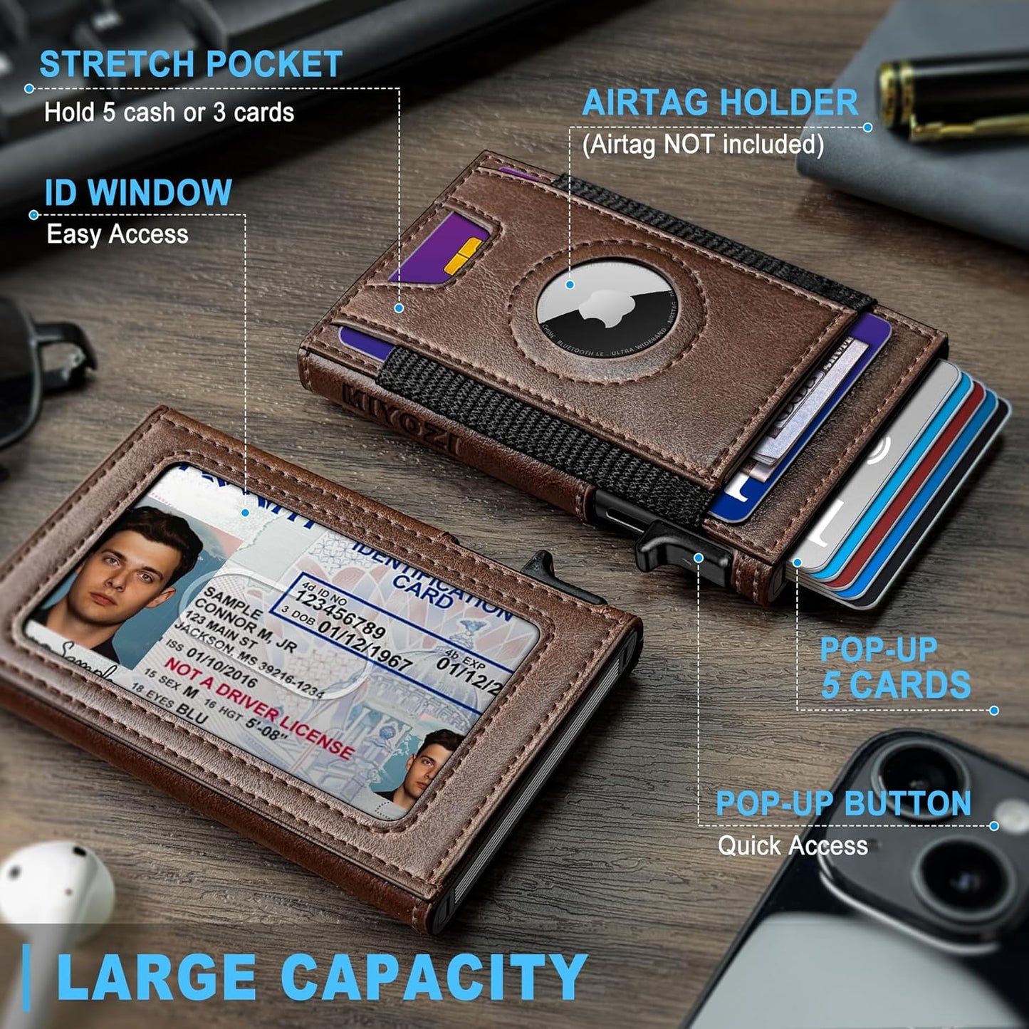 Airtag Wallet for Men, Slim Pop Up Credit Card Holder RFID Blocking Mens Minimalist wallet for 7-9 Cards ID Window, with Gift Box