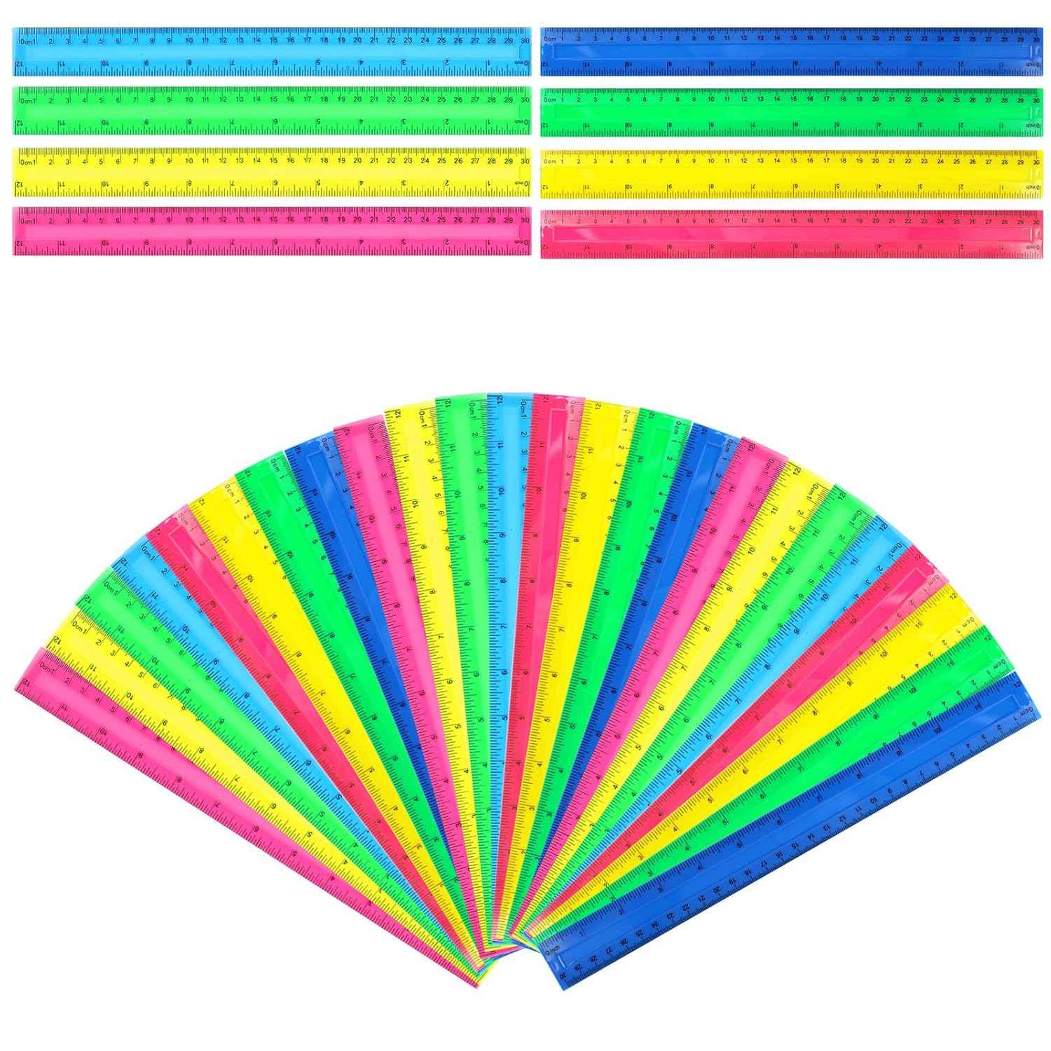 32 Pack 12 Inch Plastic Rulers,Transparent and Opaque Assorted Colors Ruler Set with Inches and Centimeters,Bulk Metric Rulers for School, Classroom, Office, or Home Supplies