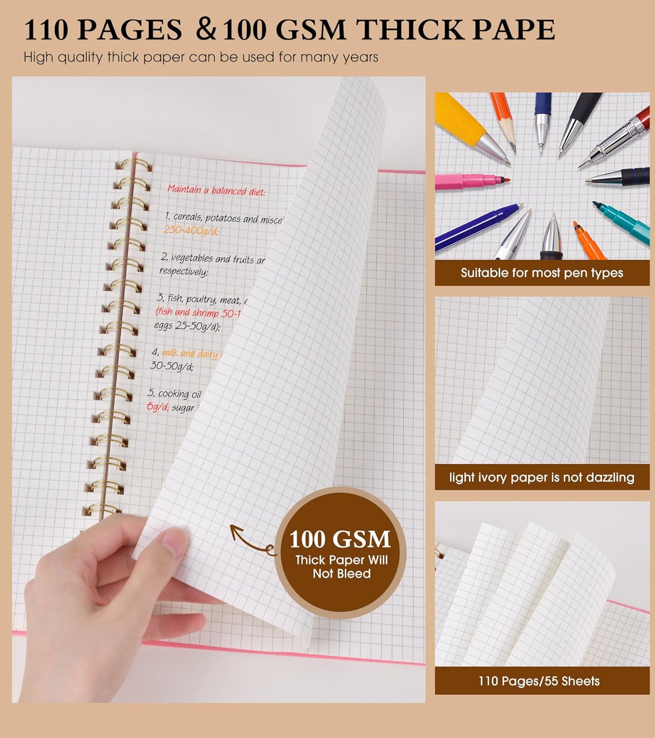 Graph Paper Notebook, Spiral Notebook Journal 8.5” x 11”, A4 Large Grid Notebooks for Women Men, 100 GSM Graph Paper, Plastic Hardcover Spiral Graphing Journals for Work School Engineering, Pink