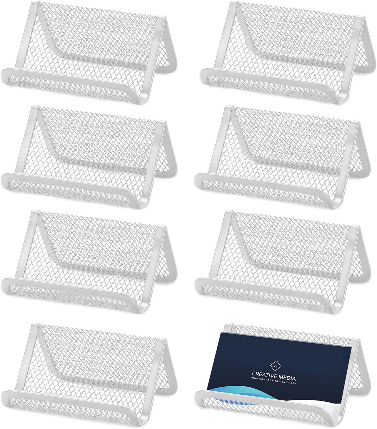 Rocutus 8pcs Business Card Holder - Metal Desk Card Organizer (Silver)