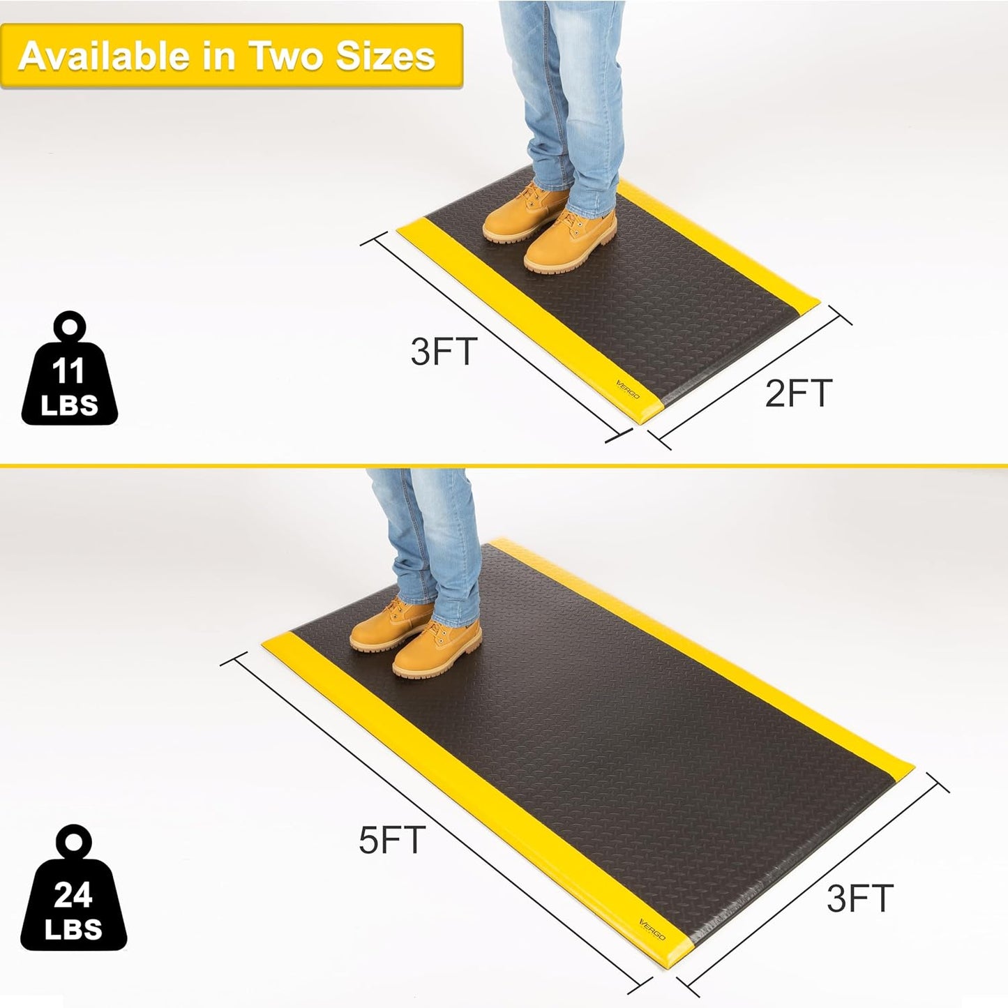 Vergo Industrial 15/16” Extra Thick Anti Fatigue Mat - Heavy Duty Commercial Grade Diamond Plate Ergonomic Standing, Non-Slip Black with Yellow Anti Fatigue Floor Mat for Work, Shop (1-Pack 3' x 5')