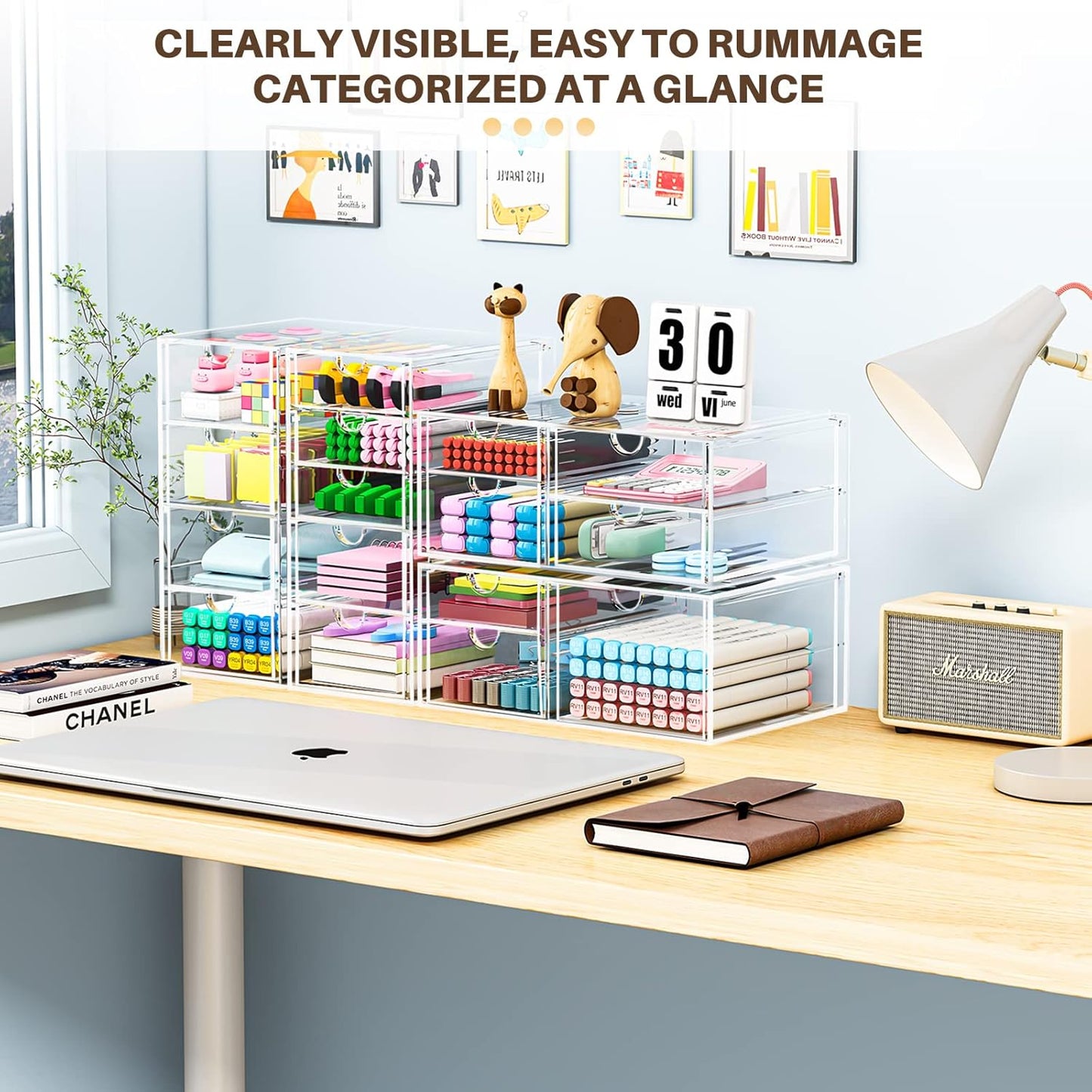 Makeup Organizer Storage With 16 Drawers, 4 Pcs Desktop Office Supplies, Desk Organizers, Clear Accessories, Dustproof Drawer and for Make Up, Jewelry, Pen, Stationary