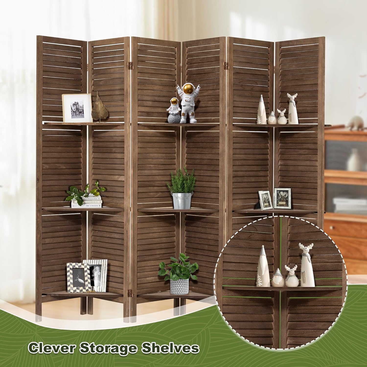 NicBex 6 Panel Room Divider,5.6FT Wood Carved Room Dividers with Display Shelves Folding Privacy Screens Portable Freestanding Partition Wall Dividers for Room Separation, Bedroom Office,Dark Brown - Lumora Desk