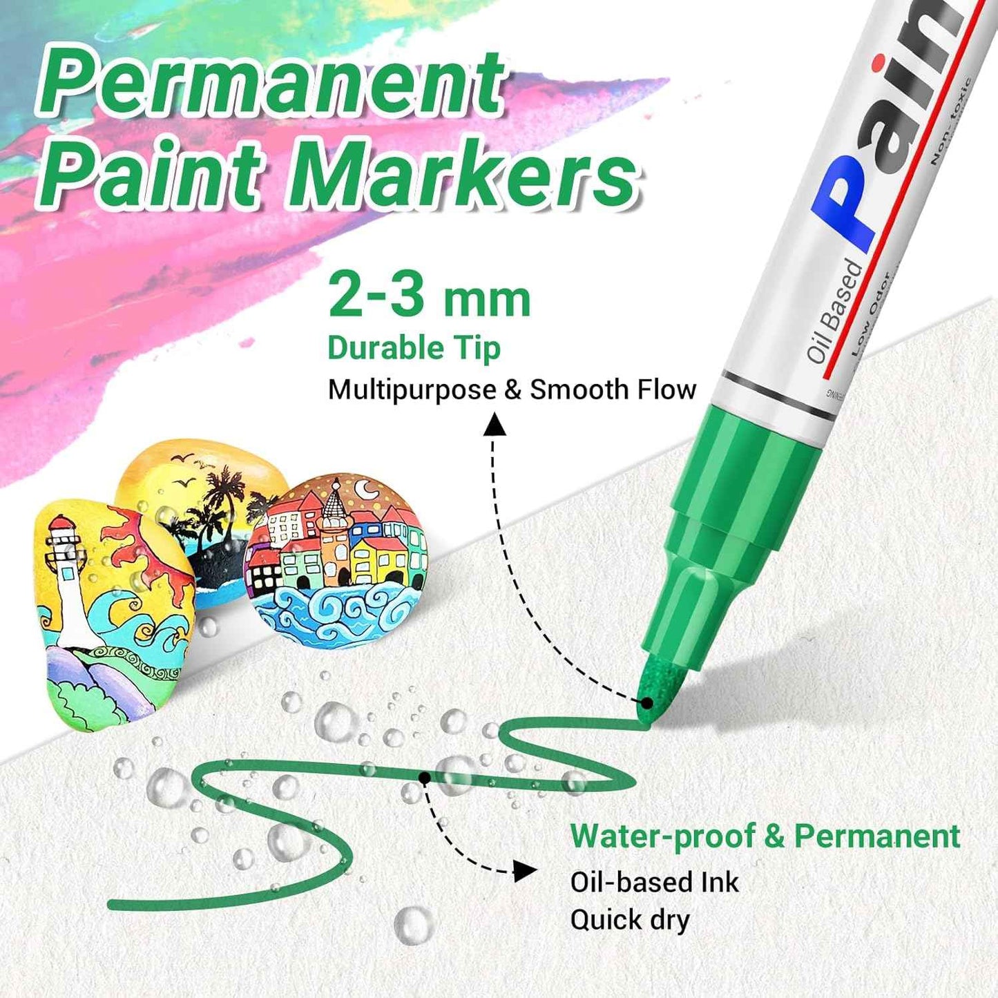Oil Based Paint Pen, Permanent Paint Marker: Quick-Dry, Waterproof Marker Set of 12 for Rock Painting, Glass, Fabric, Ceramic, Wood, Metal, Mug, Plastic, Stone, Christmas Art Craft Supplies Kit