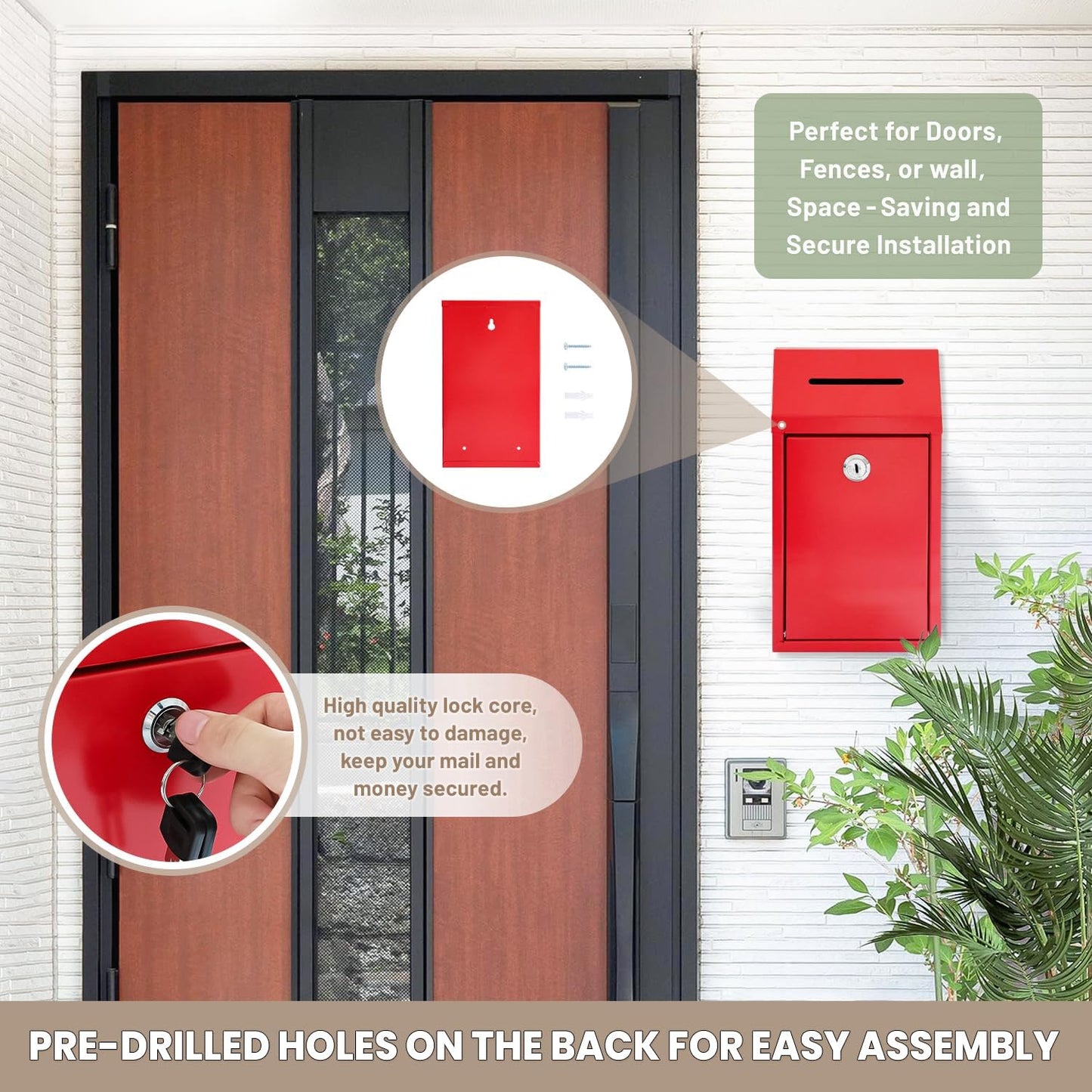 Metal Donation Money Cash Drop Box with Lock and Slot Suggestion Box Wall Mounted Ballot Container Mailbox Delivery for Home Office (Red, 10.24″ x 5.71″ x 2.95″)