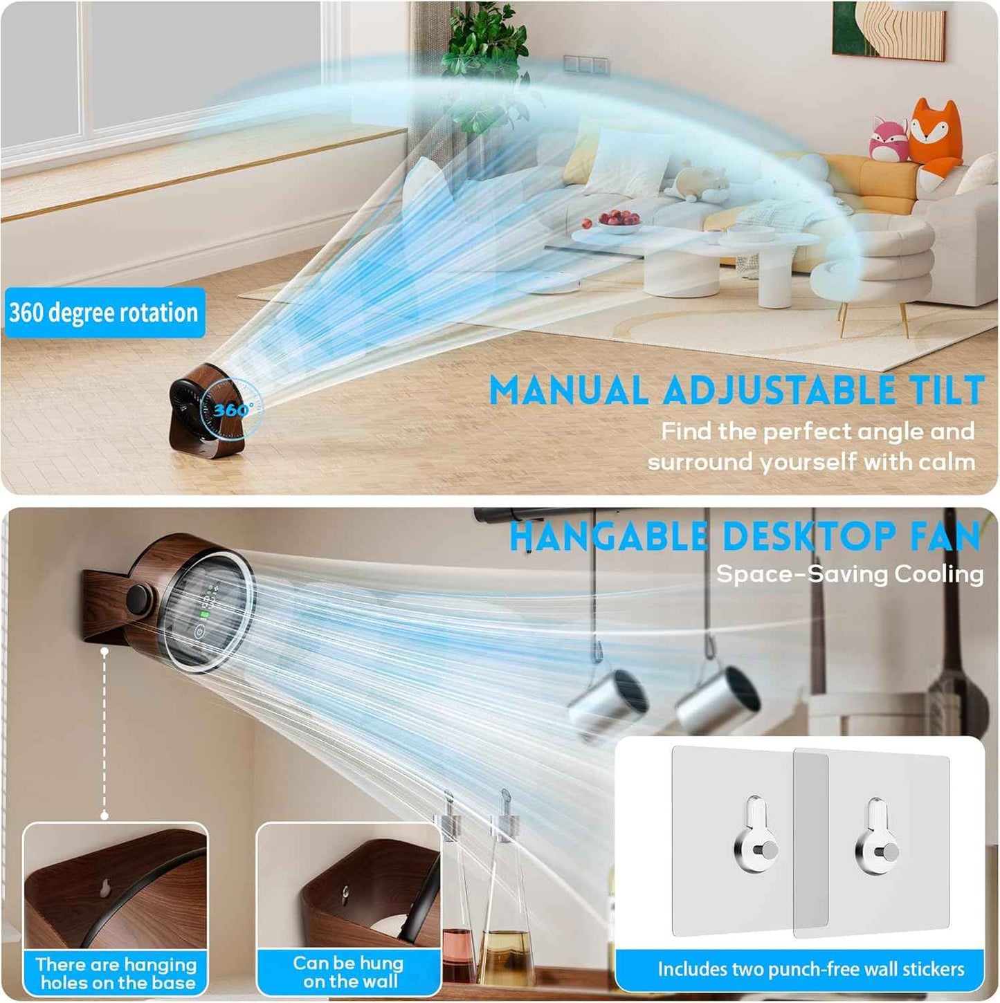 Small Desk Fan 5000mAh Rechargeable Battery Powered- Retro Low Noise Quiet Portable Gentle Blowing with LED Night Light Office Bedroom Table Top Wall Hanging Kitchen Camping Dorm 5-Speed 360° Rotation