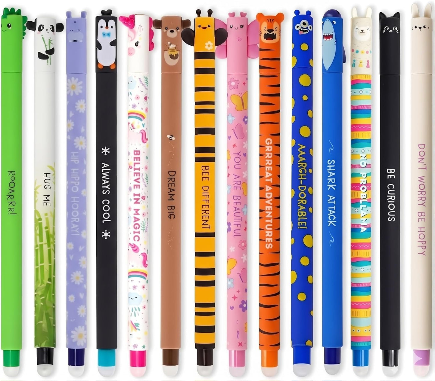 Pack of 14 Erasable Gel Pens with Animal Pattern, Heat Sensitive Ink, 0.7mm Tip, Assorted Colors, School and Office Supplies