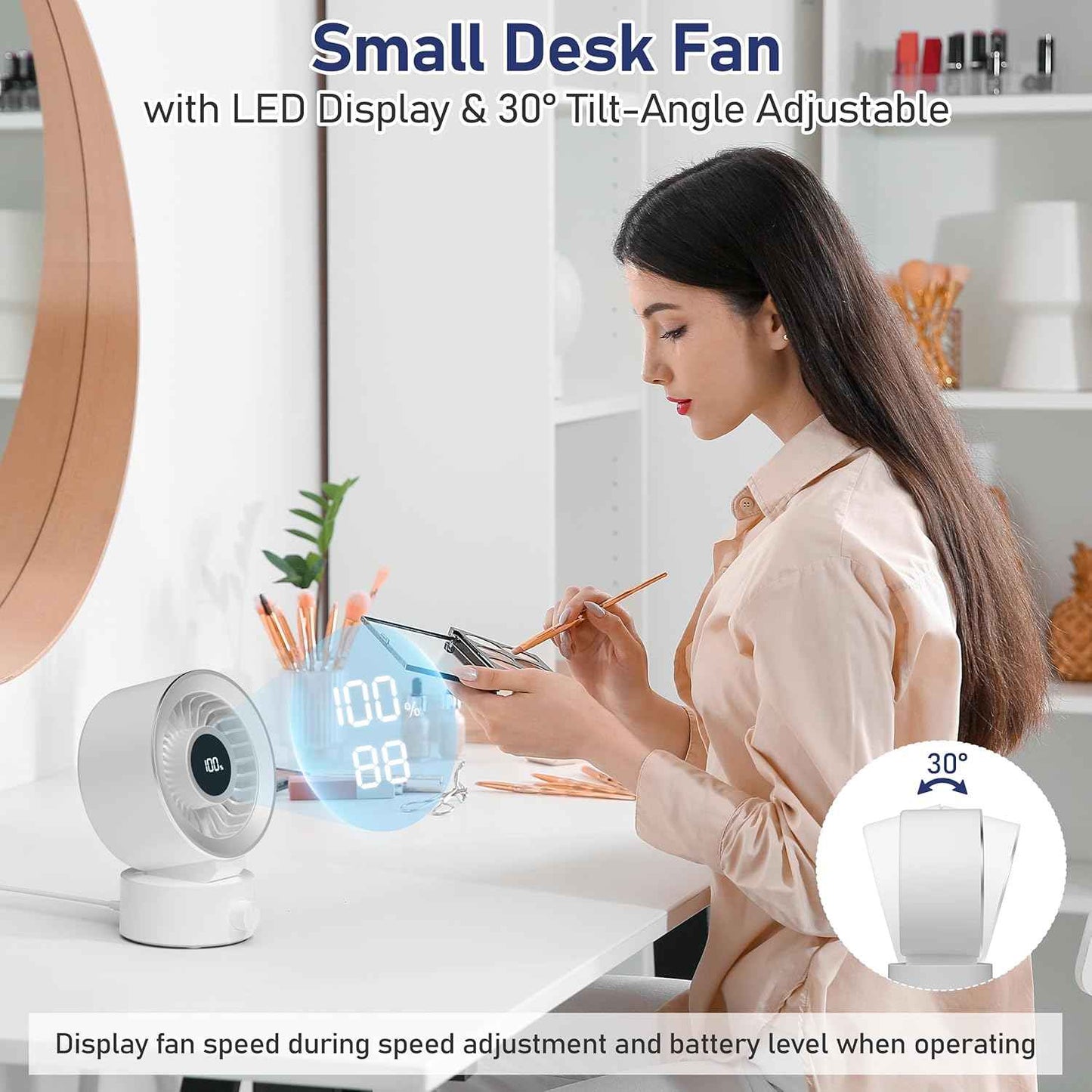 CIVPOWER Desk Fan Small Quiet: Table Fan Rechargeable with 1200mAh Battery & USB Powered, Portable for Office Desktop, Digital Display, 30° Tilt Adjustable, 100 Speeds, Gift for Women Men, White