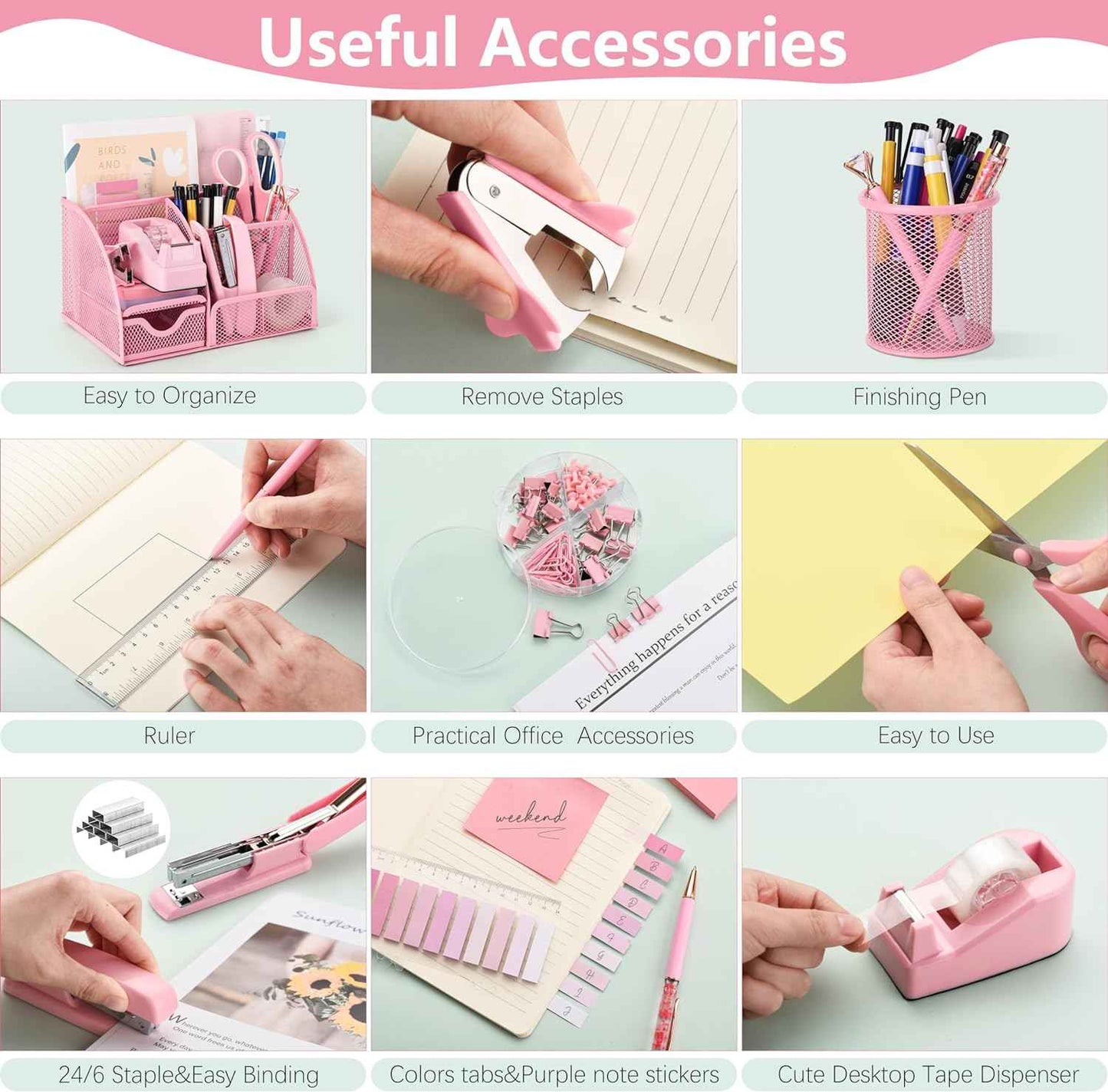 Fayoo 11 Pcs Pink Office Supplies Set Mesh Desk Organizer Accessories Kit include Stapler Tape Dispenser Staple Remover Clips Ruler Scissors Sticky Notes for Office School Home Women (Pink)