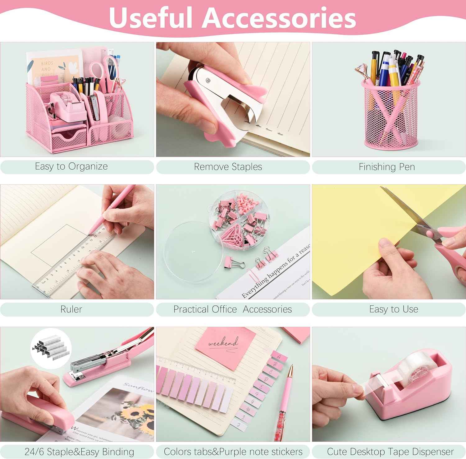 Fayoo 11 Pcs Pink Office Supplies Set Mesh Desk Organizer Accessories Kit include Stapler Tape Dispenser Staple Remover Clips Ruler Scissors Sticky Notes for Office School Home Women (Pink)