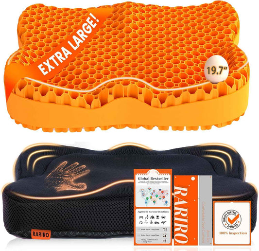 Gel Seat Cushion for Long Sitting(Enlarged&Thickened), Cooling Pressure Relief Seat Cushion for Wheelchair, Driving, Kayak, Office Desk Chair Seat Pad Gel for Heavy People[Orange-19.7" Large]