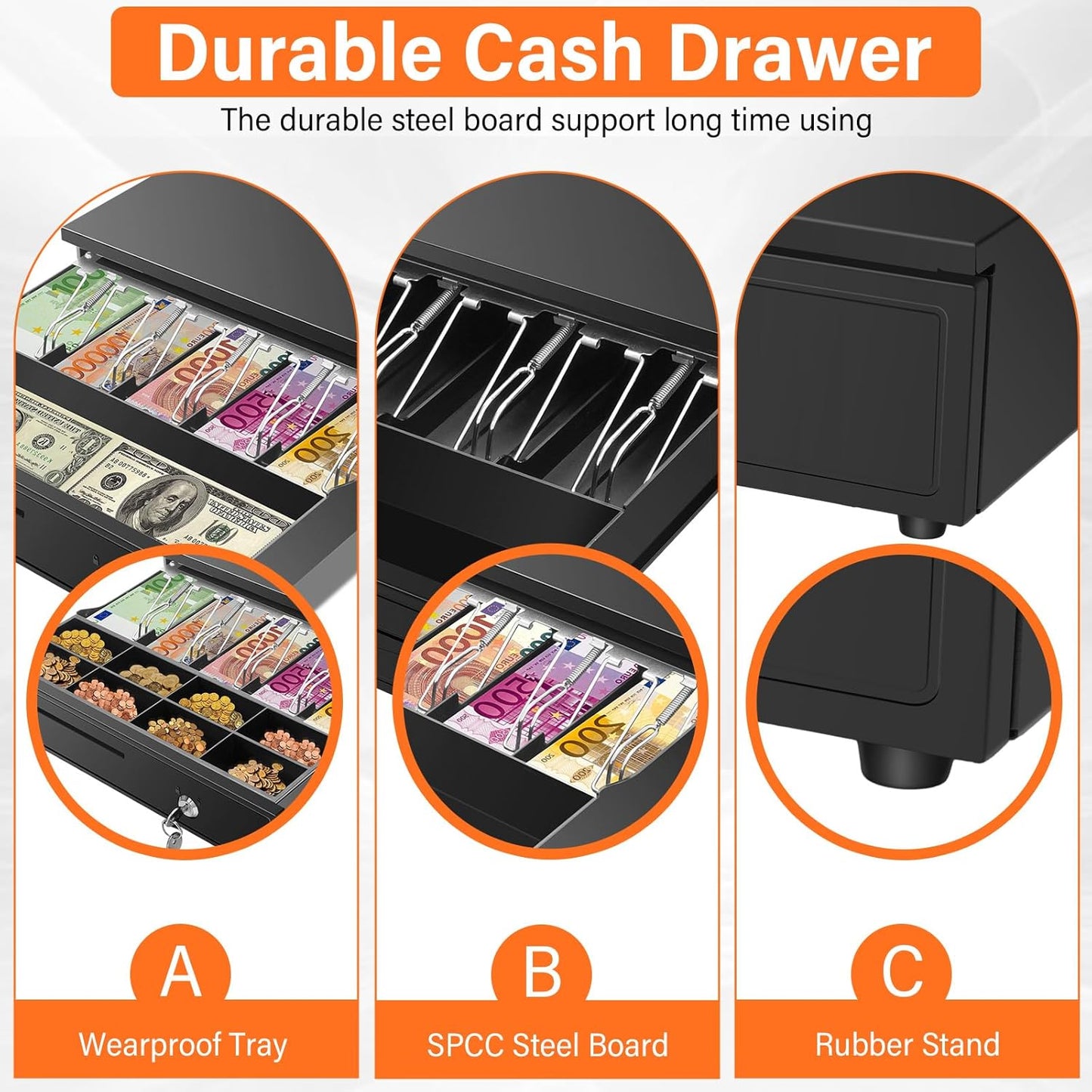 16.4" Cash Drawer with Media Slot, POS Cash Register with 5 Bill 8 Coin Slots, RJ11/RJ12 Printer-Driven, 3-Position Key Lock, Heavy-Duty Steel Cash Register for for Small Businesses