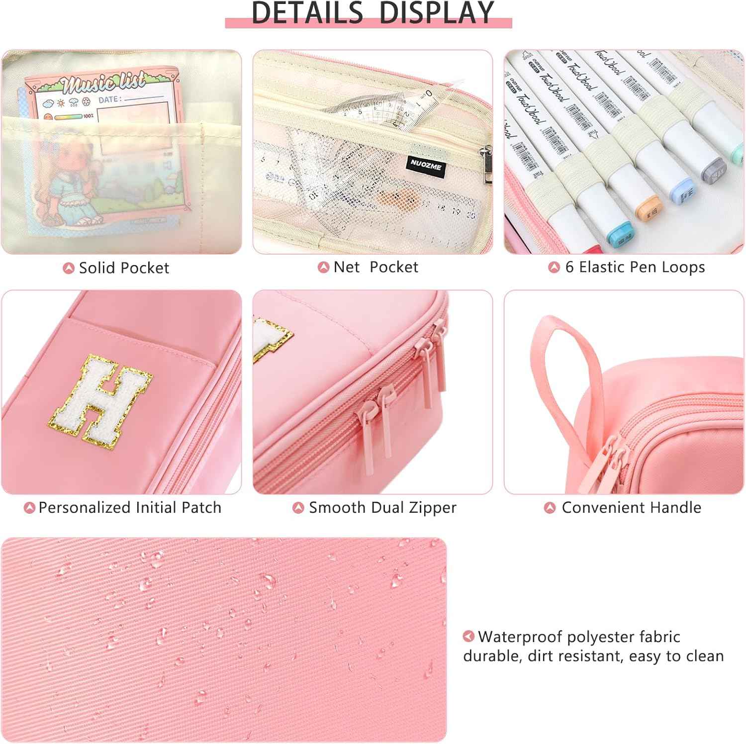 Extra Large Pencil Case,Big Capacity Pencil Pouch,Personalized Initial Pencil Bag with smooth zipper,Multiple Pockets,Cute Aesthetic Stationery Pen Case Bag for Teen Girls College (Pink, H)