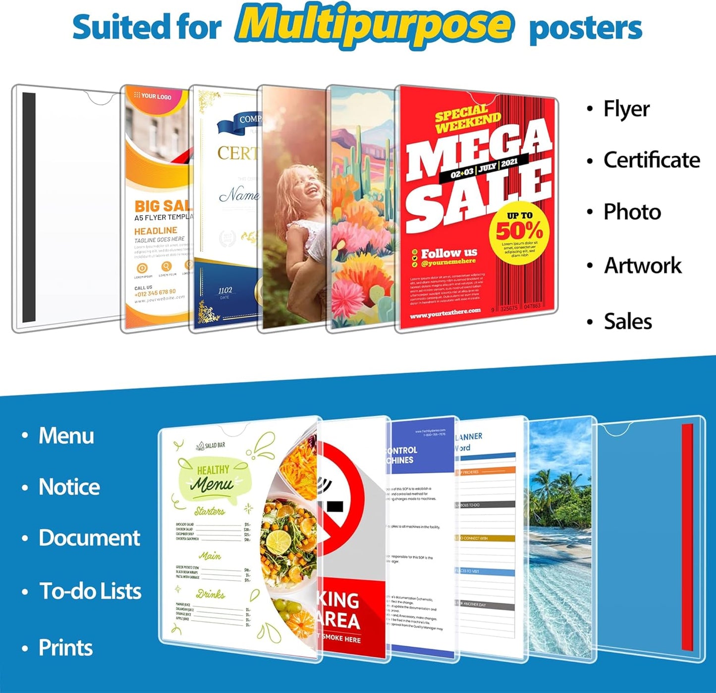 10 Pack Magnetic Sign Holder 8.5 x 11 - Plastic Wall Sign Holder with Magnet and Adhesive Tape - Magnetic Display Frame - Adhesive Plastic Frame Rigid Print Protectors Document Poster Holders