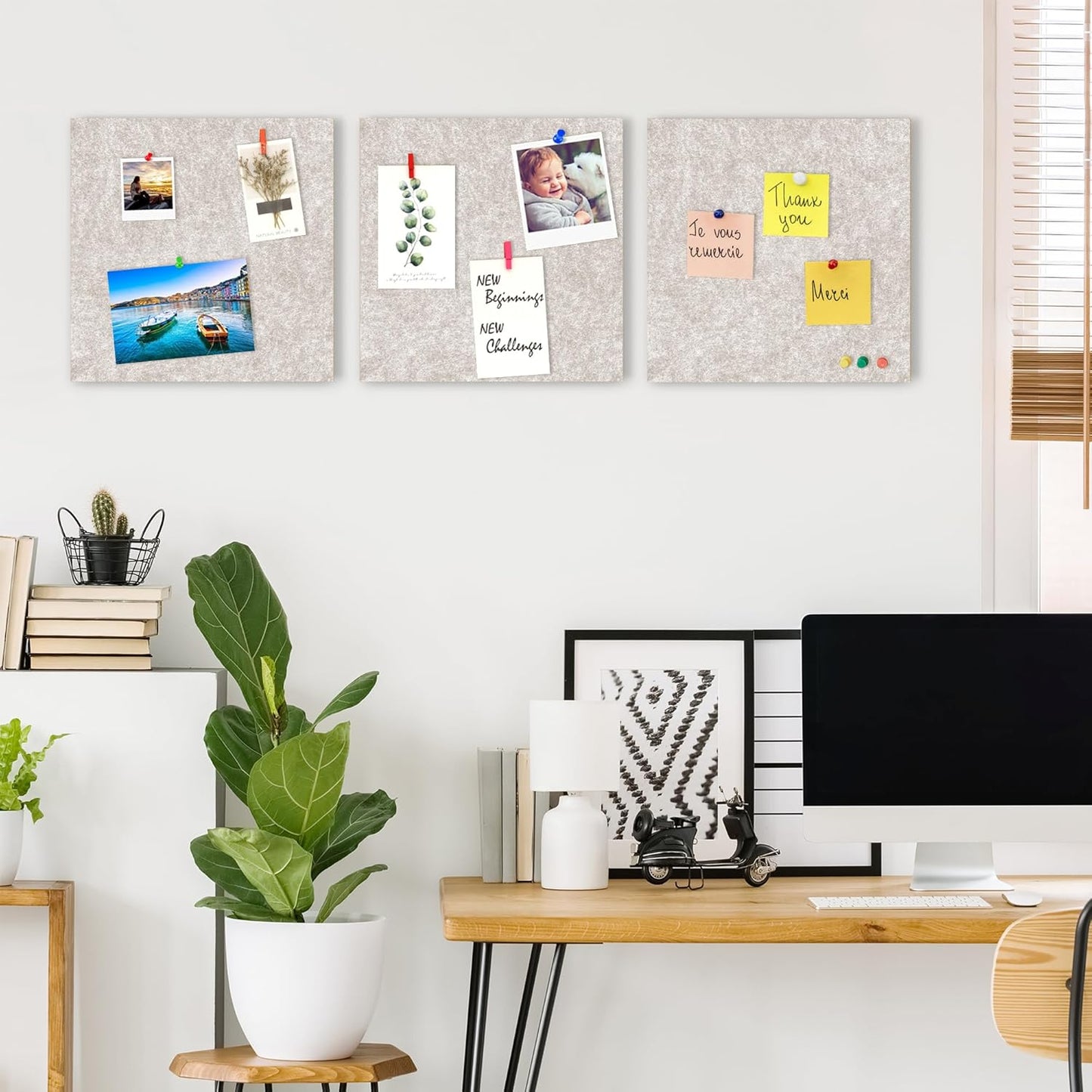 AKTOP Cork Bulletin Board 12x12, 1/2" Thick Felt Cork Board Tiles 12 Pack, Small Square Pin Board for Wall, Self Adhesive Corkboards with 120 Push Pin Wood Clips for School, Home & Office, Latte - Lumora Desk