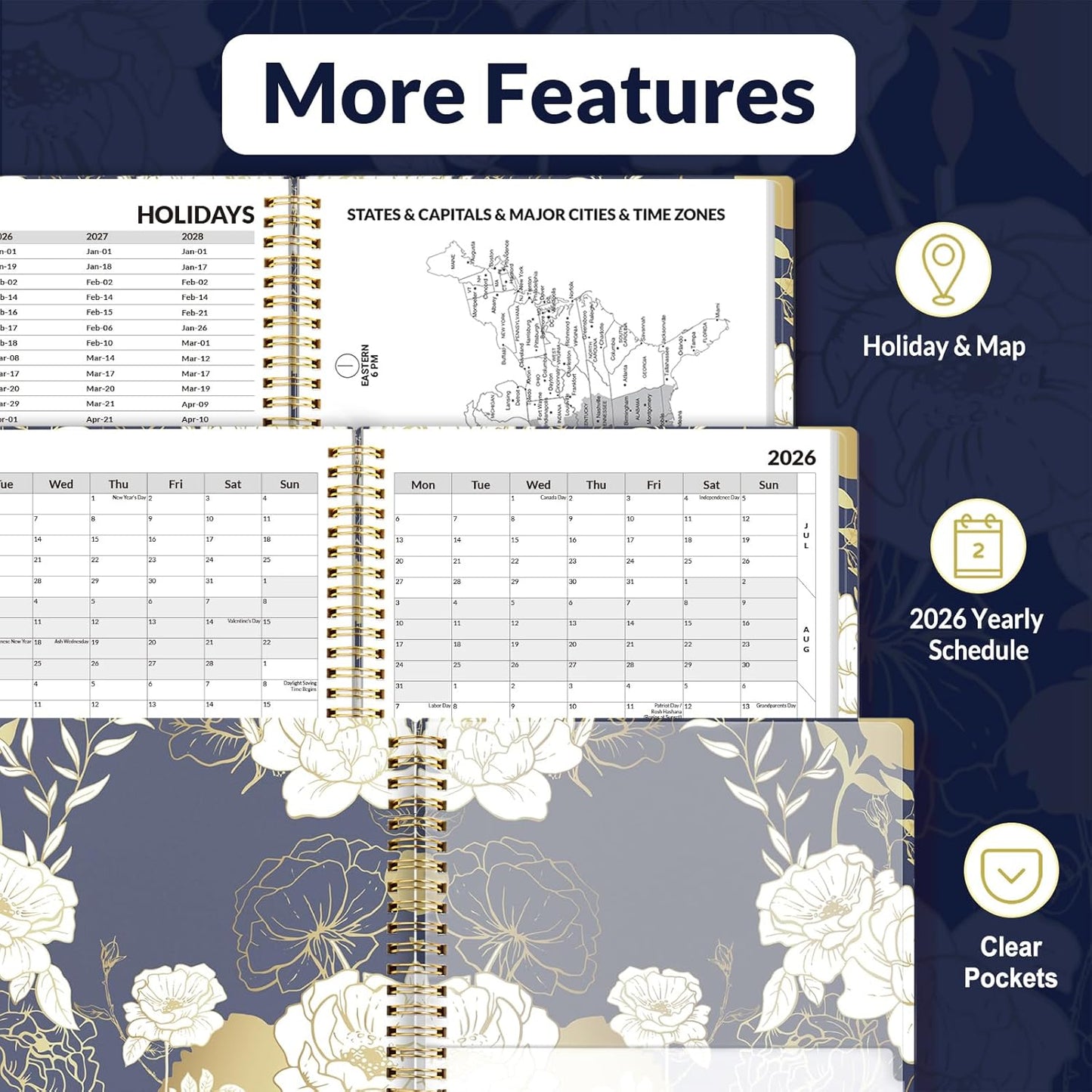 SUNEE 2026 Weekly and Monthly Planner - from January 2026 - December 2026, 8.5"x11" Daily Agenda Planner with Monthly Tab, Flexible Cover, Note Pages, Pockets, Bookmark, Spiral Binding, Dark Blue