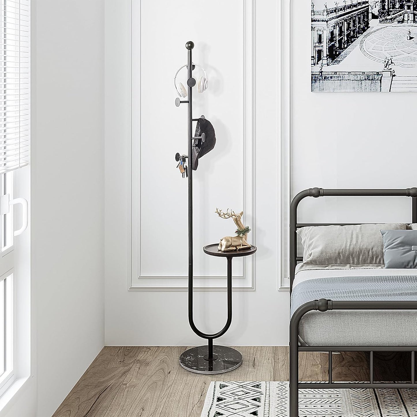 Coat Rack Stand, Metal Coat Tree with Bamboo Tray & 6 Hooks, Heavy Duty Marble Base Corner Coat Stand for Bedroom Hallway Entryway Living Room Office 13.78 x 13.78 x 68.11 Inches (Black) - Lumora Desk