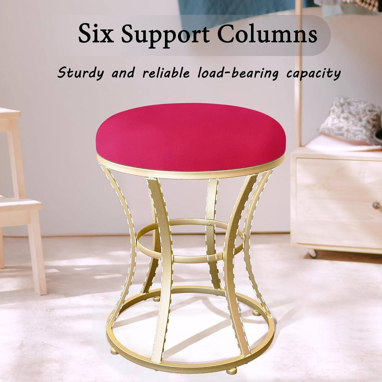 Velvet Round Vanity Stool,Red Velvet Footrest Ottoman Foot Stool Seat with Golden Metal Legs,Makeup Chair for Bathroom Vanity,Bedroom,Living Room