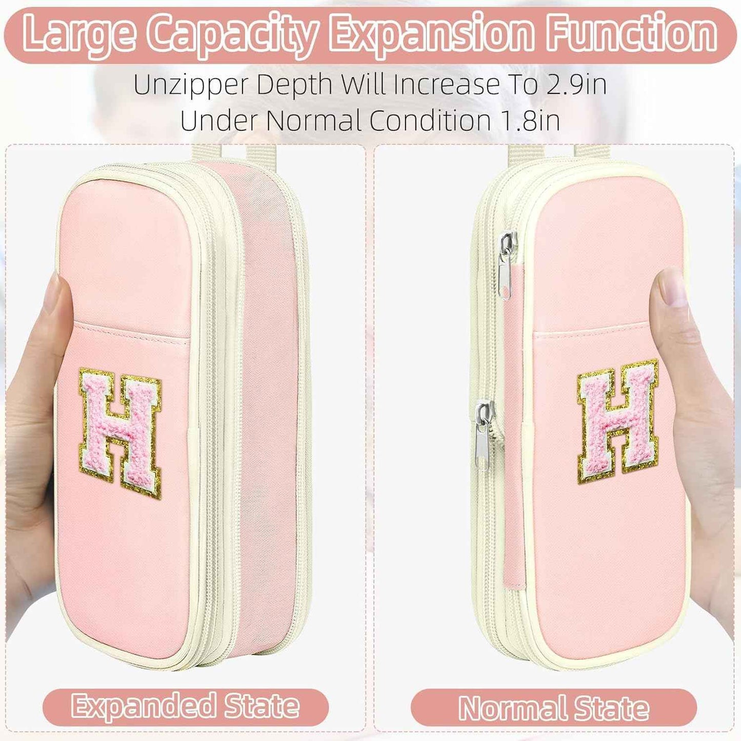Preppy Pencil Case for Girls, Large Initial Pencil Pouch for School Supplies, Portable Pink Pen Bag with Zipper, Cute Aesthetic Pen Box, Compartments Stationary Organizer for Kids Teens Adults