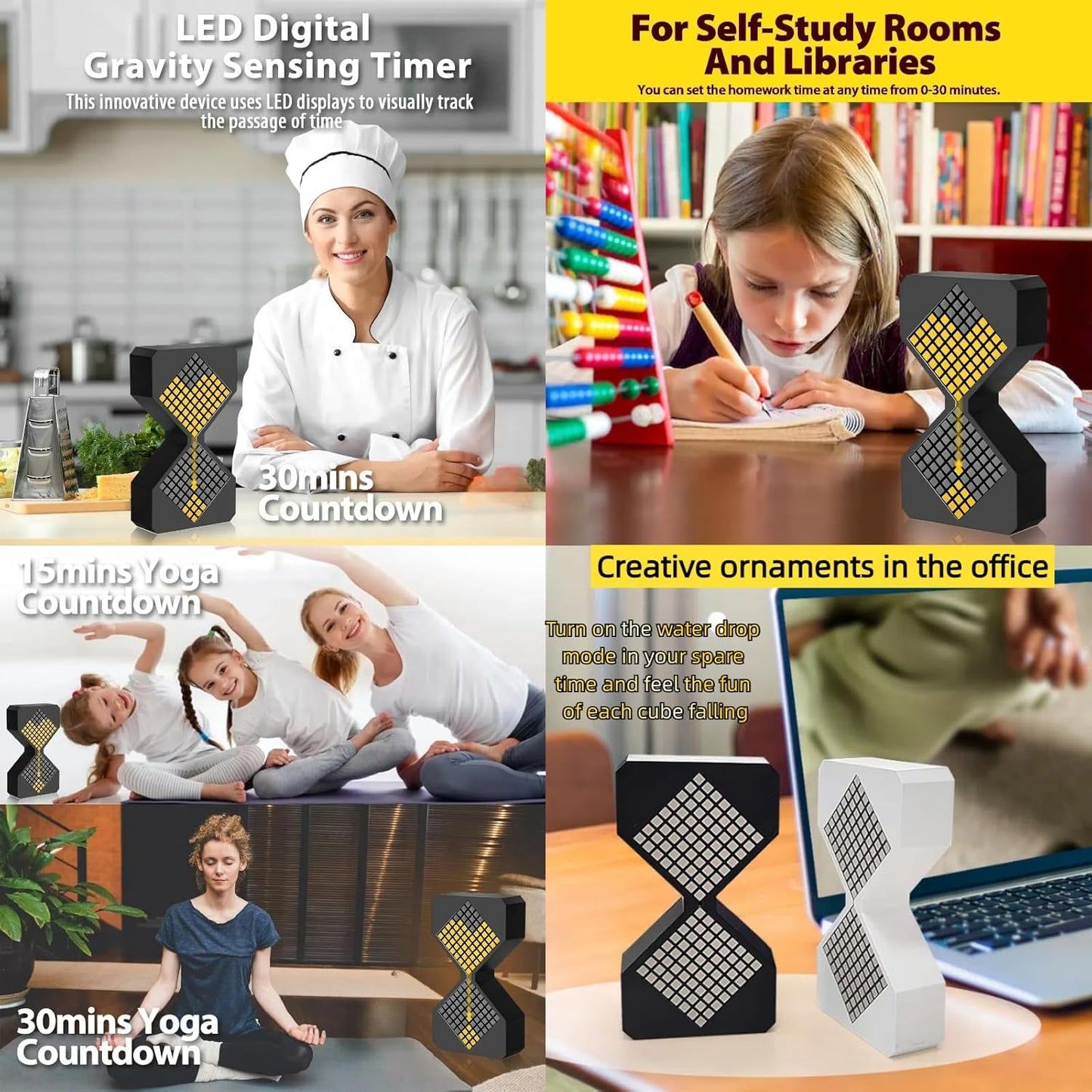 Digital Hourglass 1-30 Minute Freely Adjustable Gravity Timer Dynamic Flow Cube Led Night Light Hourglass Timer for Classroom Home Office Cooking (White, Yellow Light Source)
