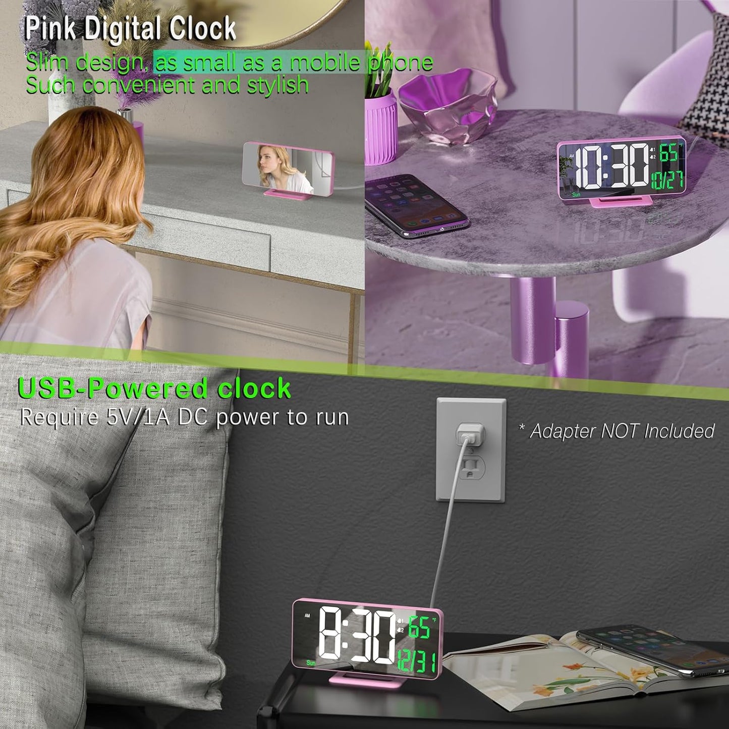 KOSUMOSU Pink Digital Clock 6.7in Desk Clock with Dual Alarm Clock, Dimming, 12/24h, Date, Day of Week, Temp, Digital LED Clock, Alarm Clock for Table, Digital Calendar Table Clocks for Bedrooms