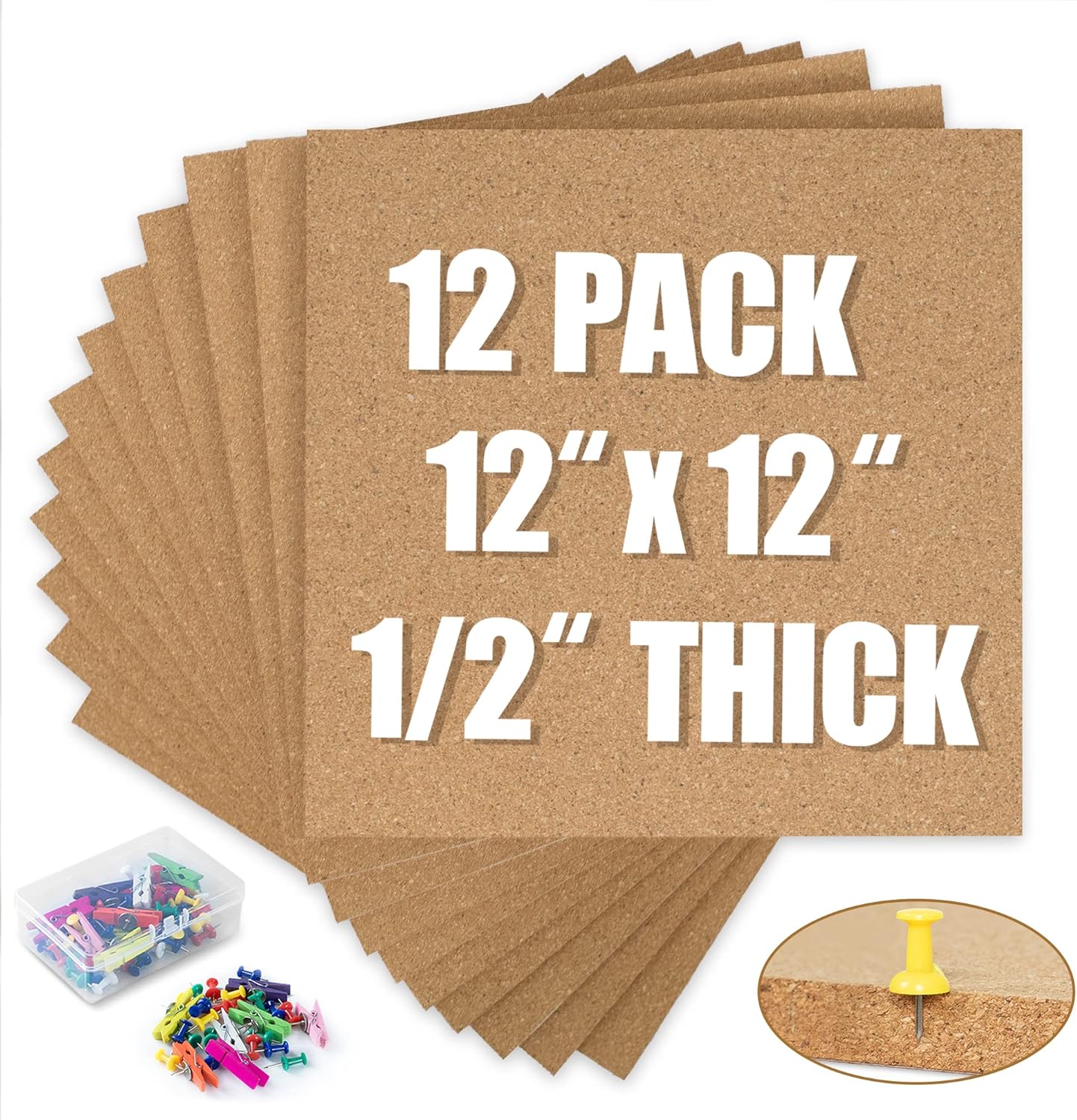 AKTOP Cork Board Bulletin Board 12x12, 1/2" Thick Cork Board Tiles 12 Pack, Small Square Pin Board for Wall, Self Adhesive Corkboards with 120 Push Pin Wood Clips for School, Home & Office - Lumora Desk