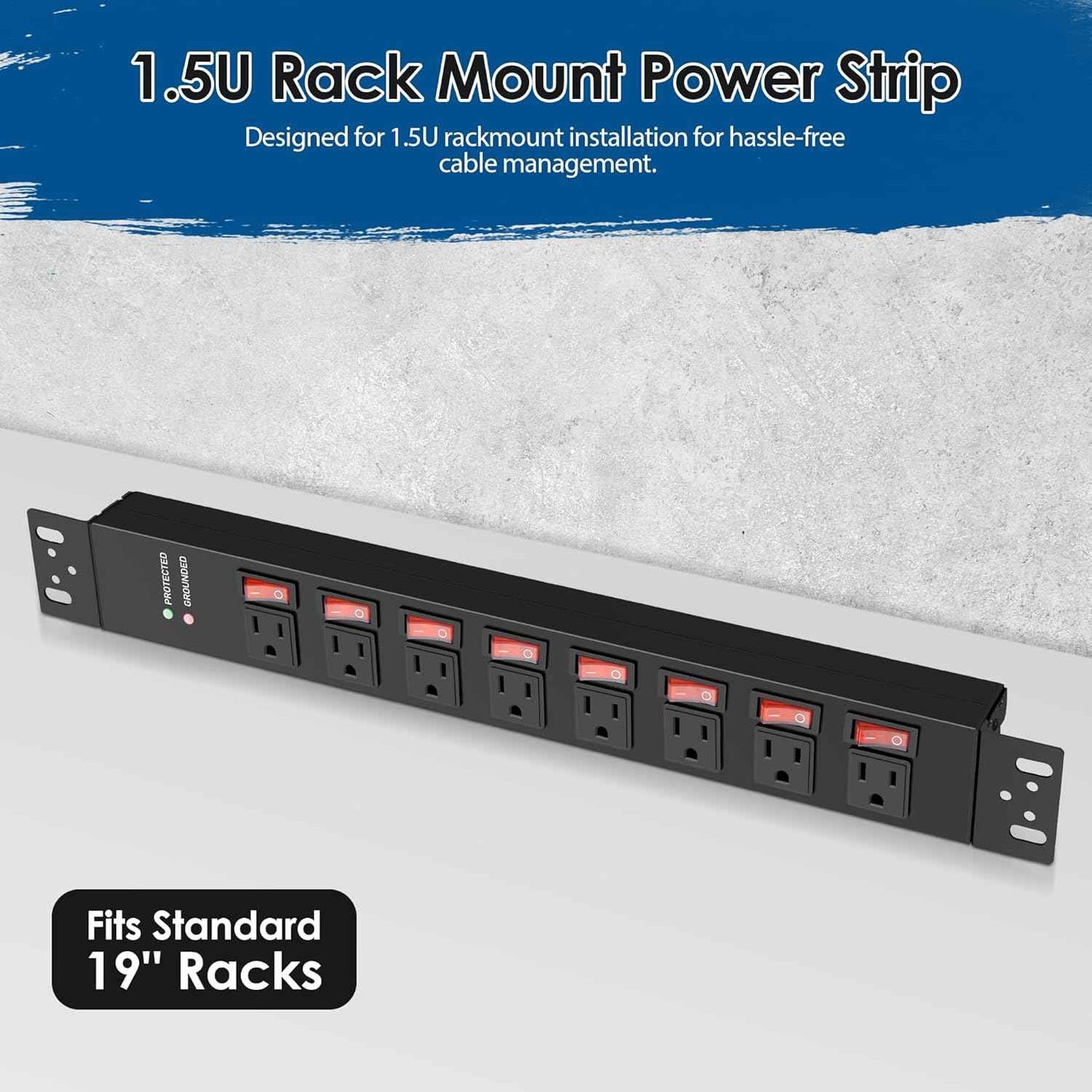 Jgstkcity Rack Mount PDU Power Strips,8 Outlet Surge Protector,Individual Switches,1.5U Rackmount Server Racks,14AWG Heavy Duty Extension Cord,2700J,15A 125V 1875W (Standard Power Cord, 6 FT Cable)