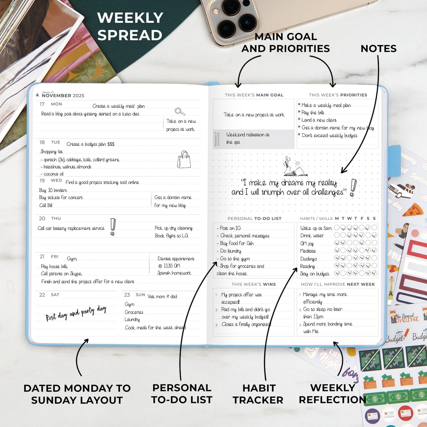 Clever Fox Dated Planner Premium 2025 – Weekly Agenda for Planning & Time Management –Notebook with Habit Tracker & To-do List (Light Blue)