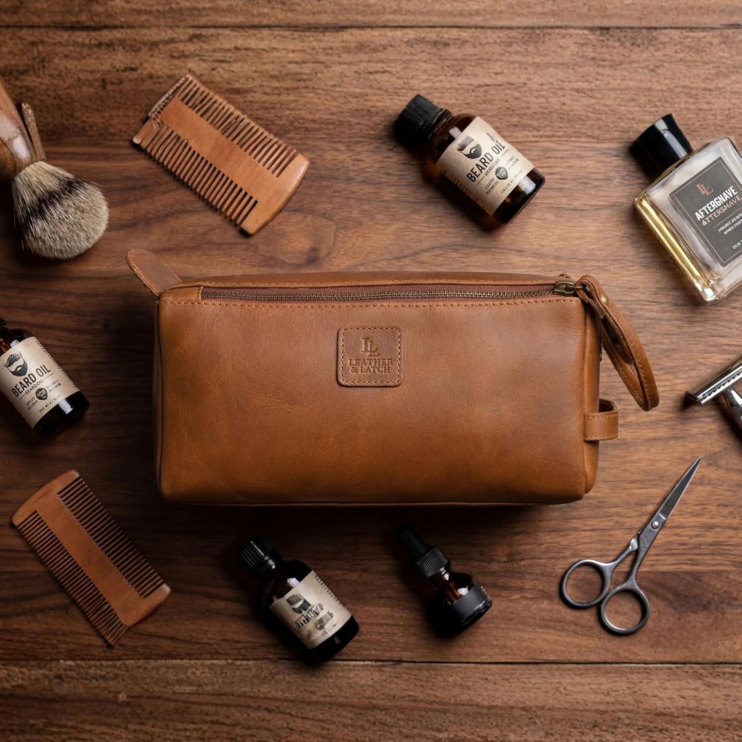 Full Grain Leather Toiletry Kit for Men & Women – Travel Toiletries & Shaving Bag Organizer, Water-Resistant Grooming Case for Bathroom, Makeup & Cosmetic Storage - Cognac Brown