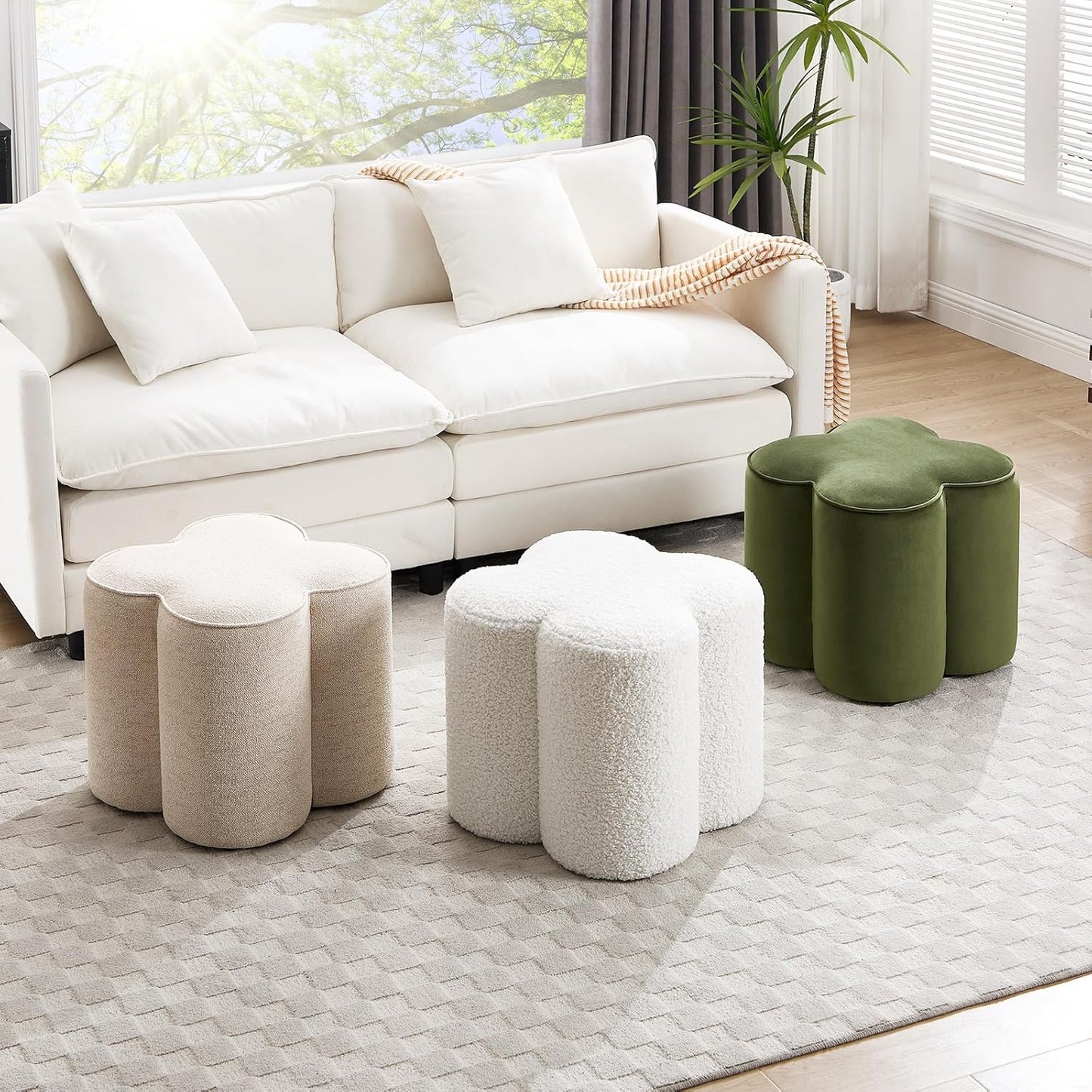 Zesthouse Flower Pouf Ottoman Foot Rest, Velvet Fabric Poofy Ottoman Footstool for Couch, Modern Living Room Stool Seat, Cute Square Vanity Stool for Bedroom Dorm, Green