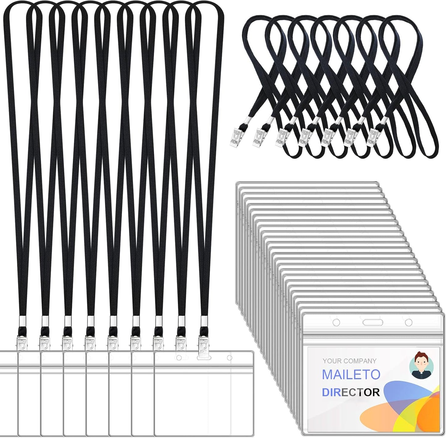 100Pcs Lanyards for Id Badges and 100 Pcs Clear Plastic Horizontal Name Badge ID Card Holders, Flat Neck Lanyards with Clip Waterproof Resealable Name Tag Badge ID Card Holders, Black