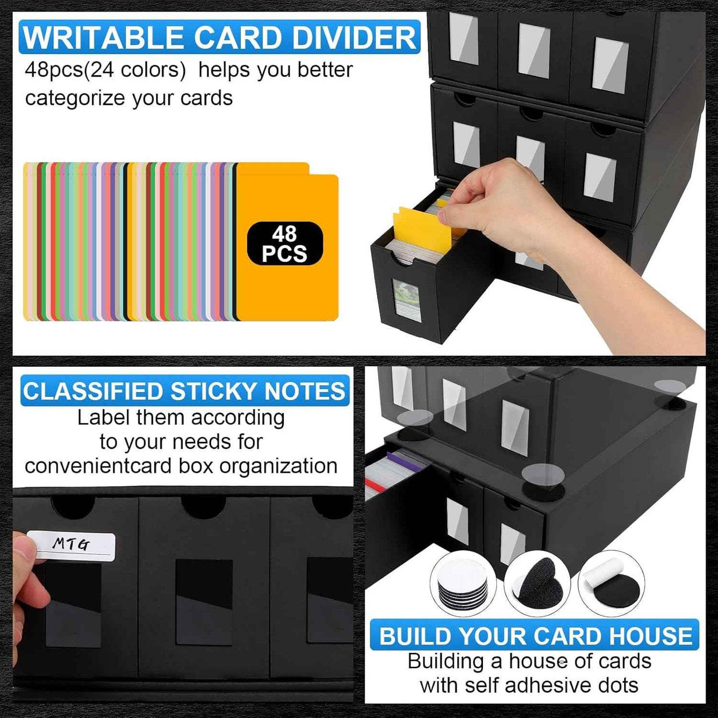 Trading Card Storage Box for 12000+, Card Deck Box for MTG Commander Display, Card Organizer Box with 48 Card Dividers, Labels & Tapes, Compatible with TCG, PTCG, MTG and Sport Cards