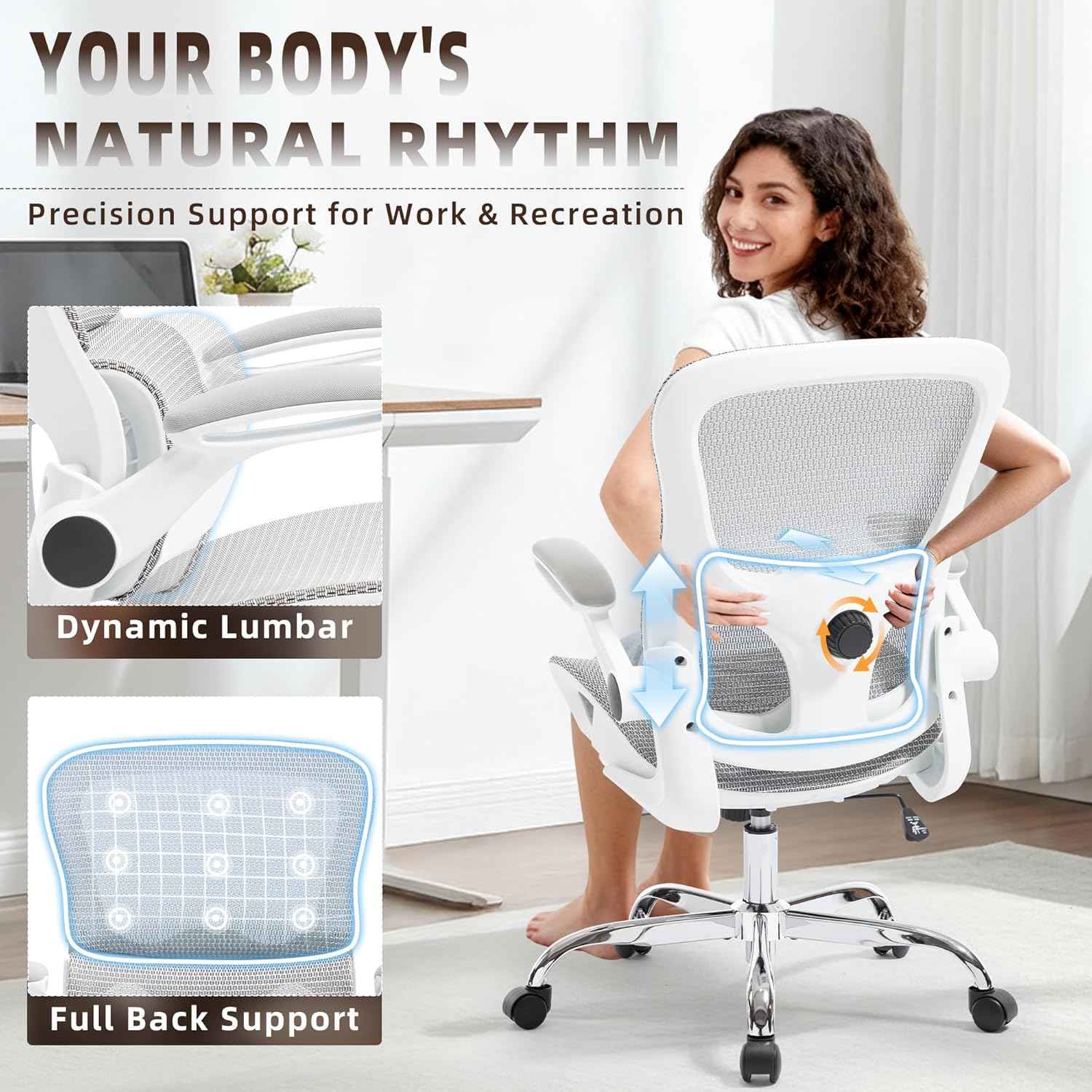 Office Chair, Ergonomic Desk Chair with Adjustable High Back 2D Lumbar Support Flip-up Armrests, Executive Breathable Mesh Comfy Swivel Rolling Computer Task Chair for Home Office Study Work Gaming