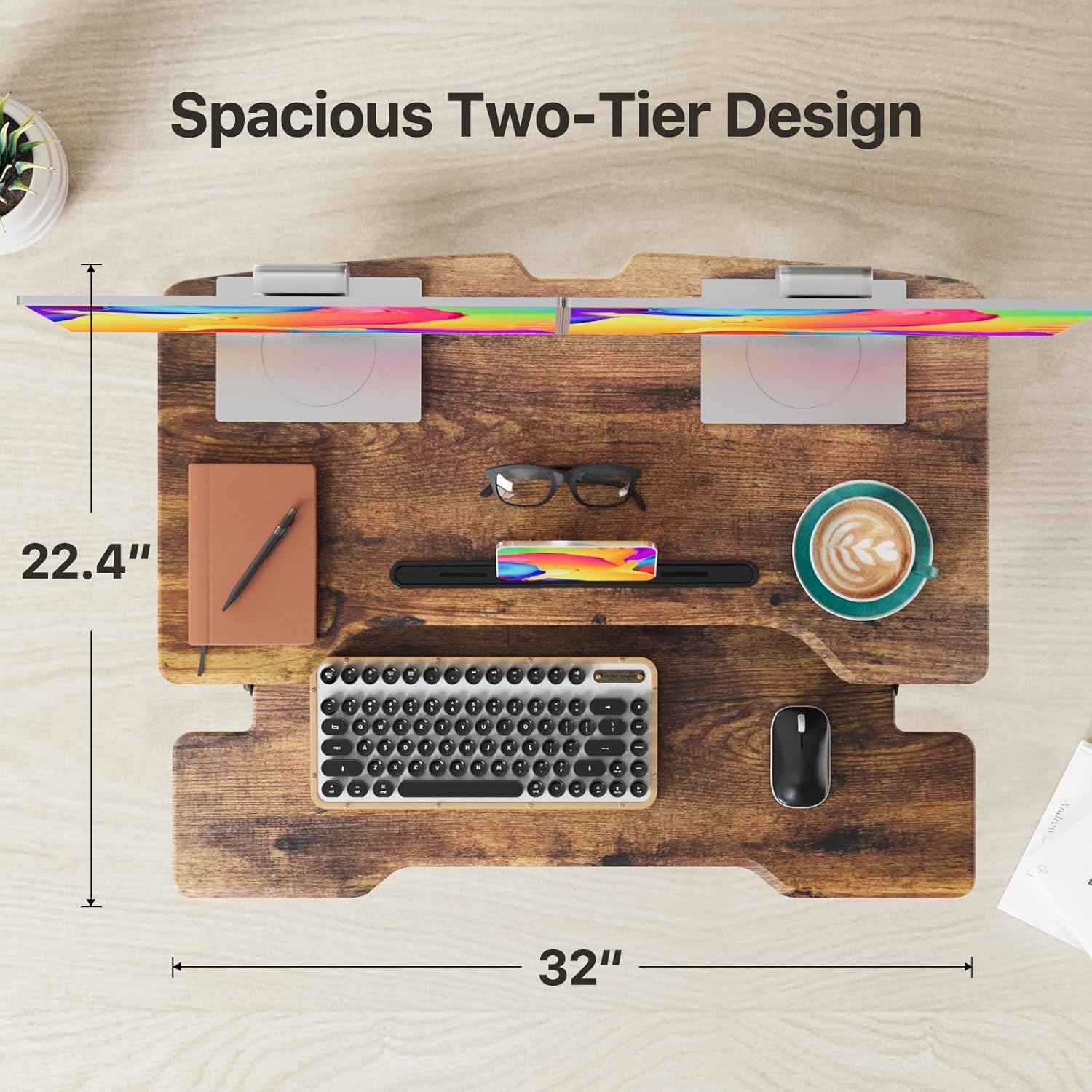 Standing Desk Converter 32 inch, Height Adjustable Sit Stand Desk Riser, Quick Sit to Stand Desktop Dual Monitor Riser Workstation for Home Office with Keyboard Tray, Rustic Brown