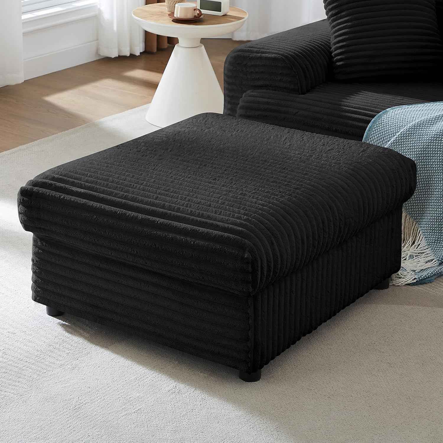 35" Corduroy Ottoman with Storage, Oversized Storage Ottoman for Living Room, Large Square Ottoman for Sofa Couch, Black