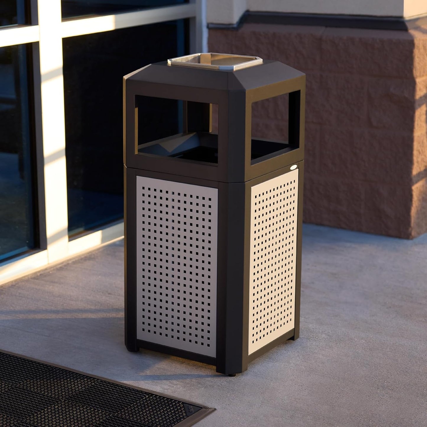 Safco Evos Steel Trash Can, 15 Gallons, Indoor and Outdoor Use, Heavy Duty Garbage Can with Plastic Liner and Ashtray