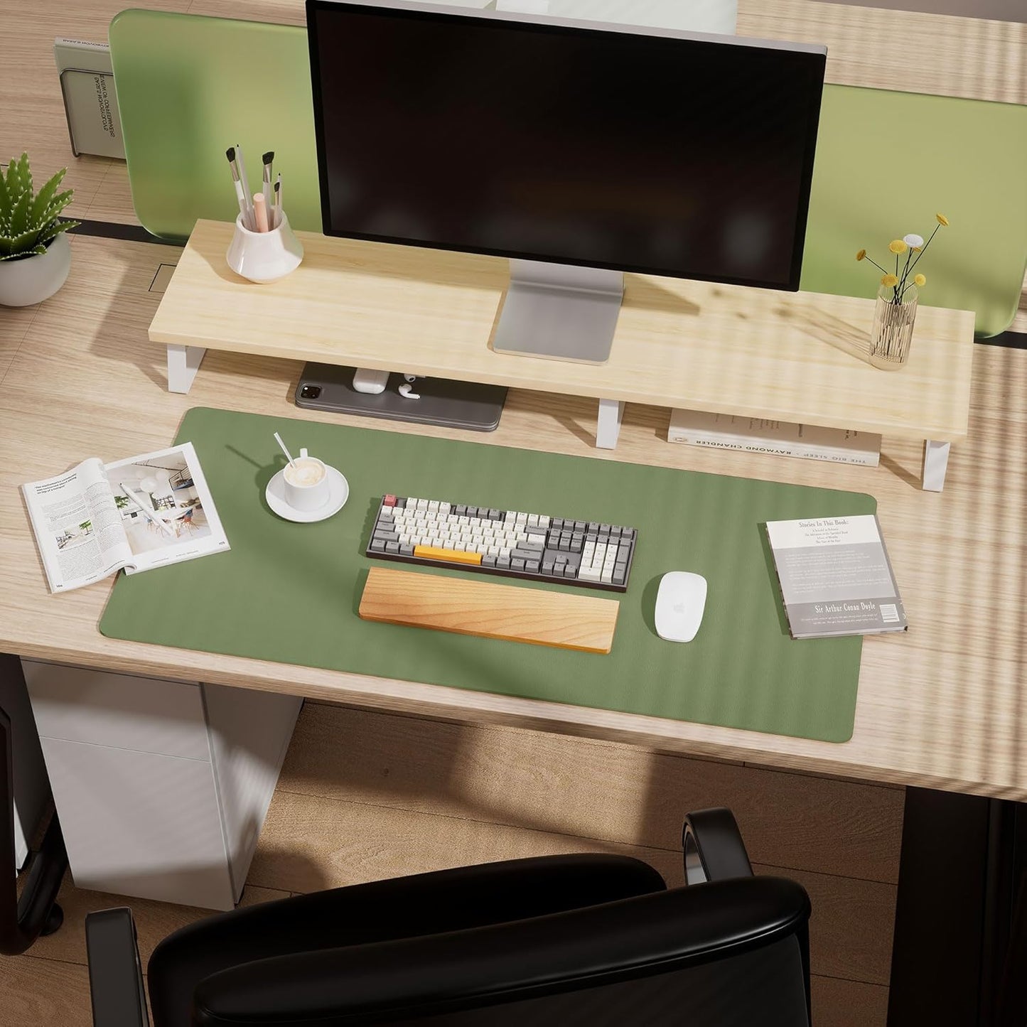Aothia Dual-Sided Desk Mat - Natural Cork & Leather Desk Protector, Large Mouse Pad & Writing Pad for Office/Home, Olive Green (35.4" x 15.7")