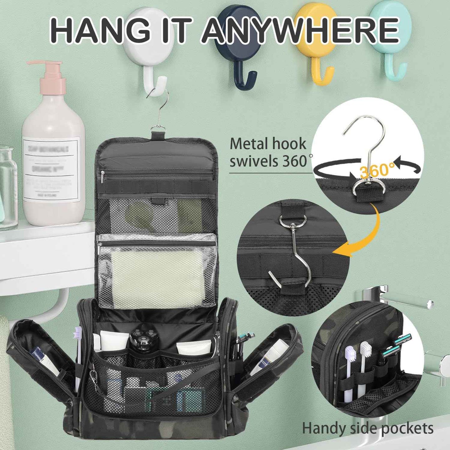Tactical Toiletry Bag for Men - Hanging Dropp Kit Mens Toiletry Travel Bag for Toiletries, Traveling & Shaving Kit, Hygiene Bag Shower Bathroom Organizer with Handle & Swivel Hook, Black CM