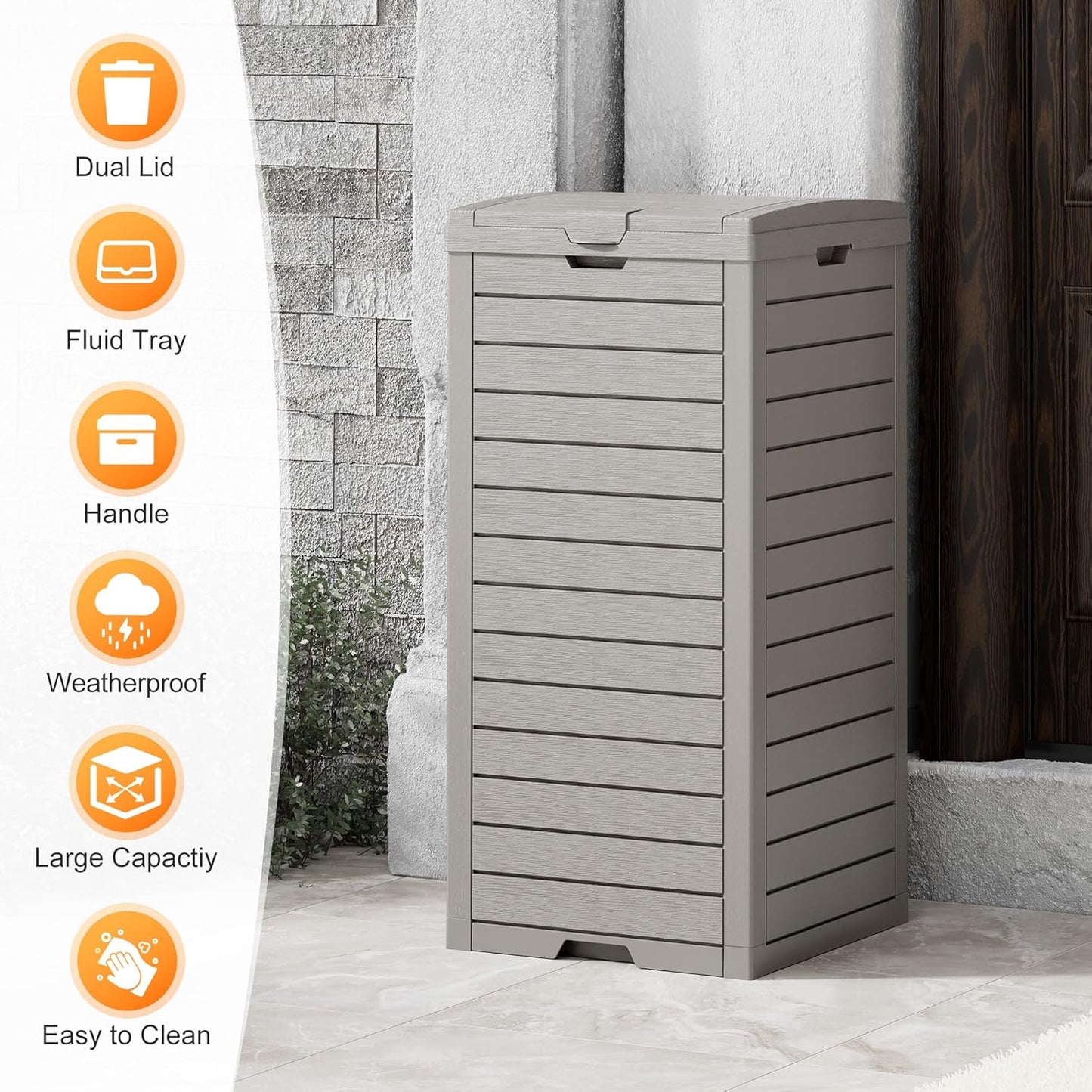 Fancyango Outdoor Trash Can with Lid & Drip Tray, Waterproof Resin Garbage Can, Outside Trash Bin for Patio, Garage, Pool, Deck & Backyard, Gray(31 Gallon)