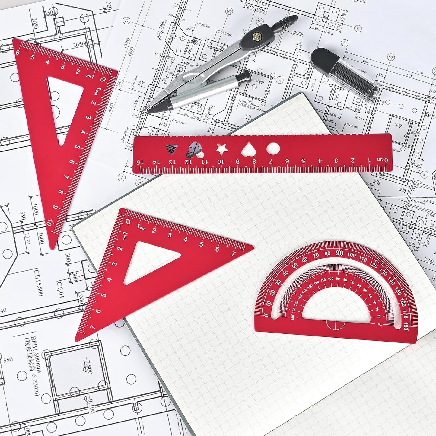 6 Pcs Metal Geometry Set, Math Geometry Kit, Metal Ruler Set and Compass Geometry Tool, Rulers Protractor and Compass Set for Student School and Drawings Supplies (Red)