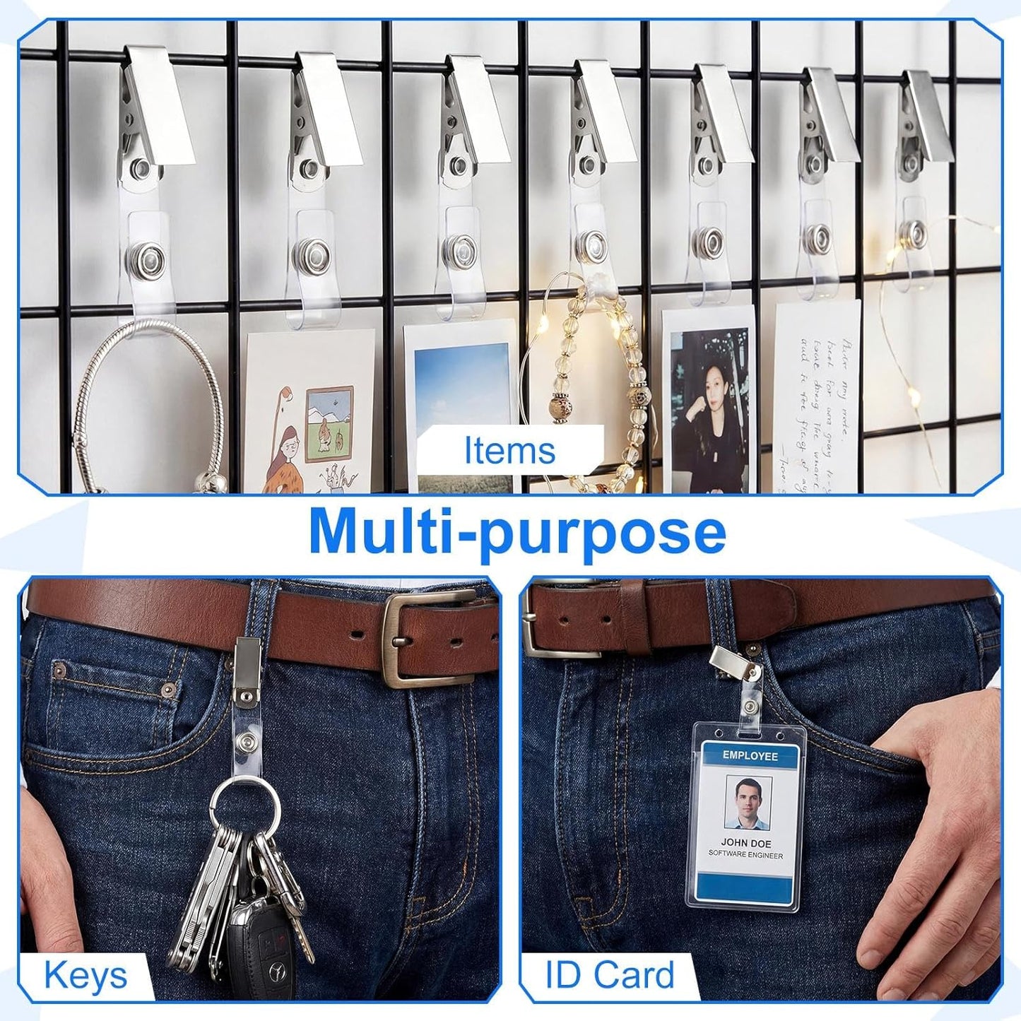 Marspark 200 Pack Metal Badge Clips with Clear PVC Straps ID Badge Clips for Name Tag ID Cards and Holders, Office Supplies (Silver,Non-Hole)