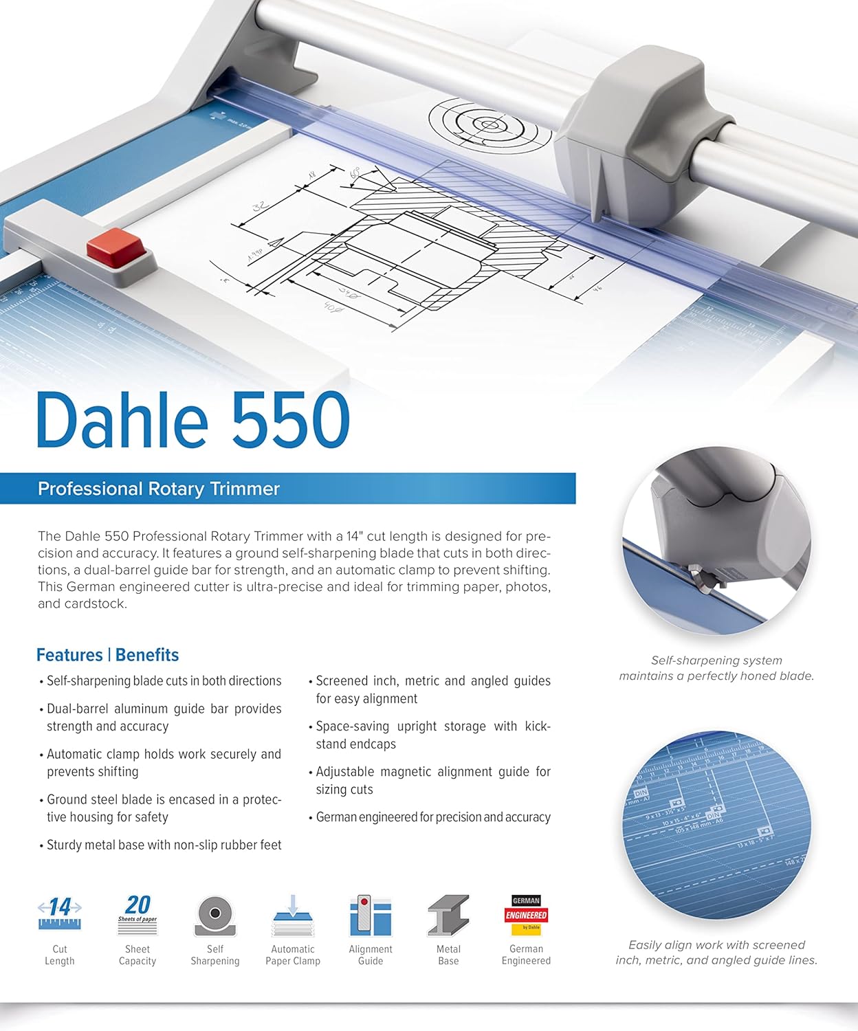 Dahle 550 Professional Rotary Trimmer, 14" Cut Length, 20 Sheet Capacity, Self-Sharpening, Dual Guide Bar, Automatic Clamp, German Engineered Paper Cutter