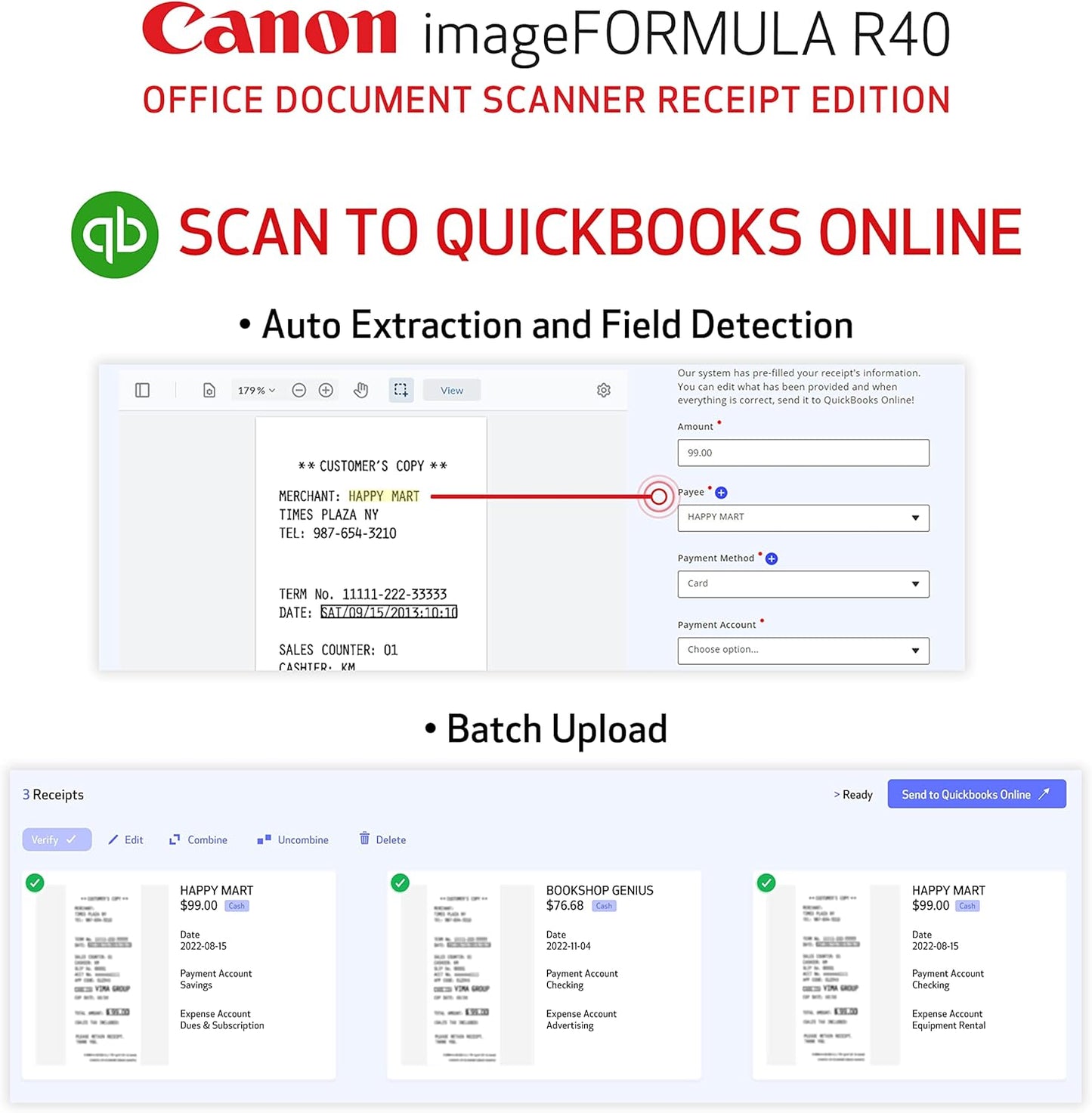 Canon imageFORMULA R40 Office Document Scanner Receipt Edition, for PC and Mac, Scan & Extract Data to QuickBooks Online, Color Duplex Scanning, Auto Document Feeder, Easy Setup for Office Or Home Use - Lumora Desk