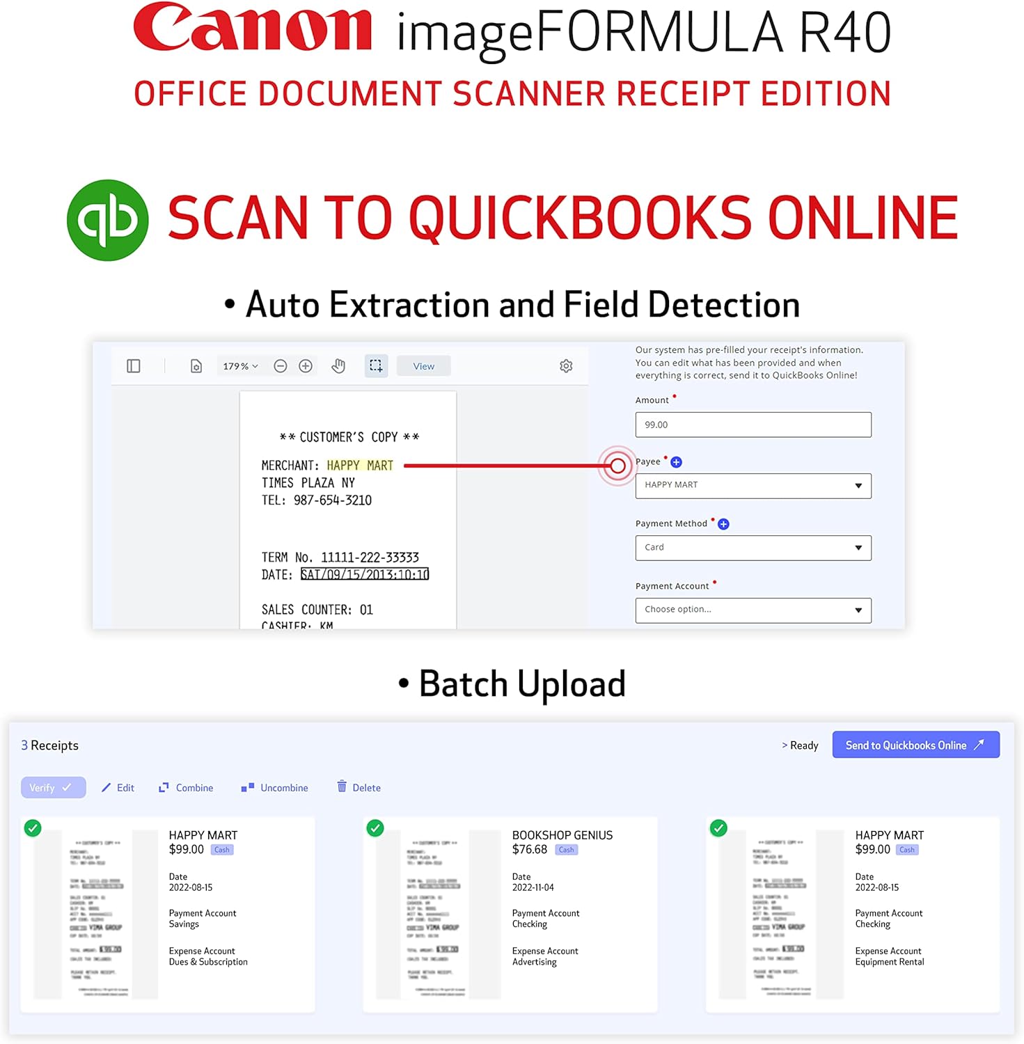 Canon imageFORMULA R40 Office Document Scanner Receipt Edition, for PC and Mac, Scan & Extract Data to QuickBooks Online, Color Duplex Scanning, Auto Document Feeder, Easy Setup for Office Or Home Use - Lumora Desk