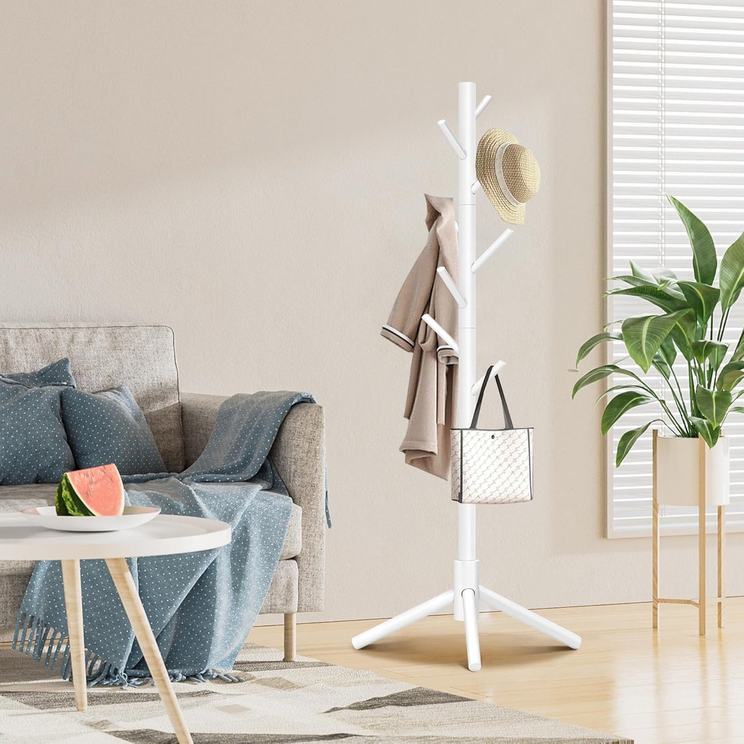 Wooden Coat Rack, Free Standing Coat Rack with 8 Hooks 3 Adjustable Heights for Clothes, Hats, Handbags, Coat Tree Easy Assembly for Entryway, Bedroom, Hallway, Office (New White) - Lumora Desk