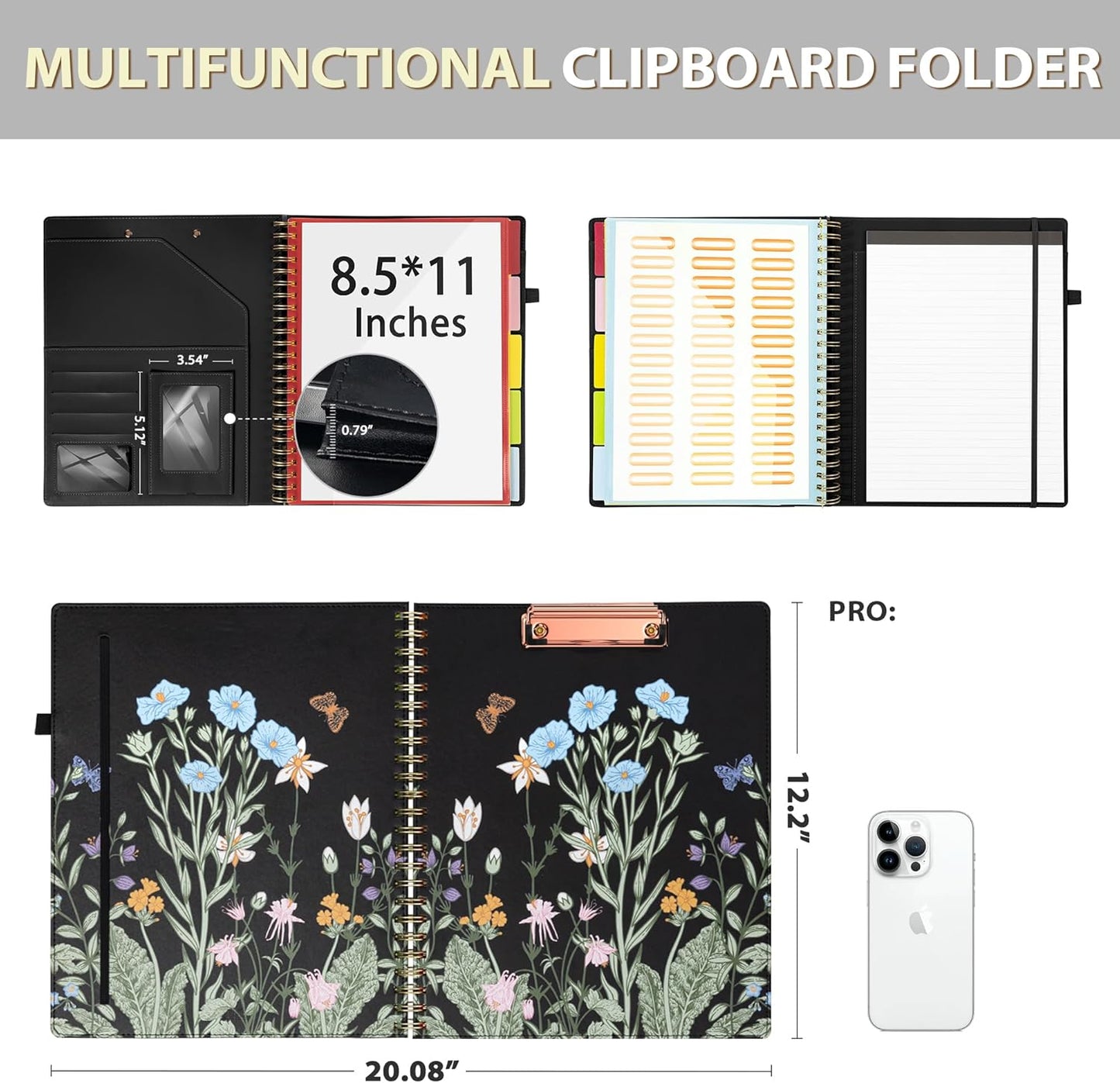 Clipboard with Storage for Men Women, Leather Padfolio Portfolio Organizer 5 Folders with 10 Pockets, Spiral Clipboard Folio with Notepad for Letter Size, Elastic Closure and Pen Loop Floral