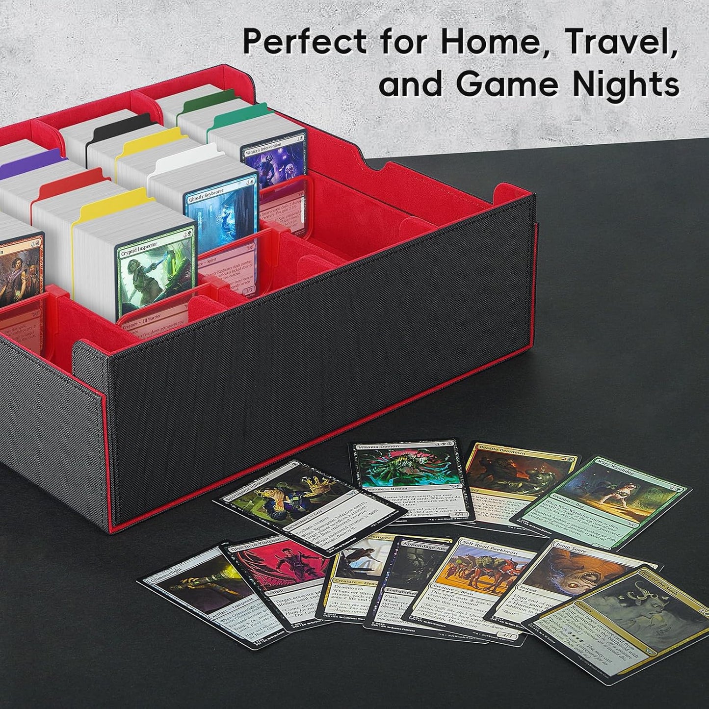 Trading Card Storage Box – Holds 3000+ Cards, PU Leather Commander Deck Box with Magnetic Closure, 24 Dividers & 4 Card Supports, 4-Row Organizer for MTG, PTG, Sports Cards